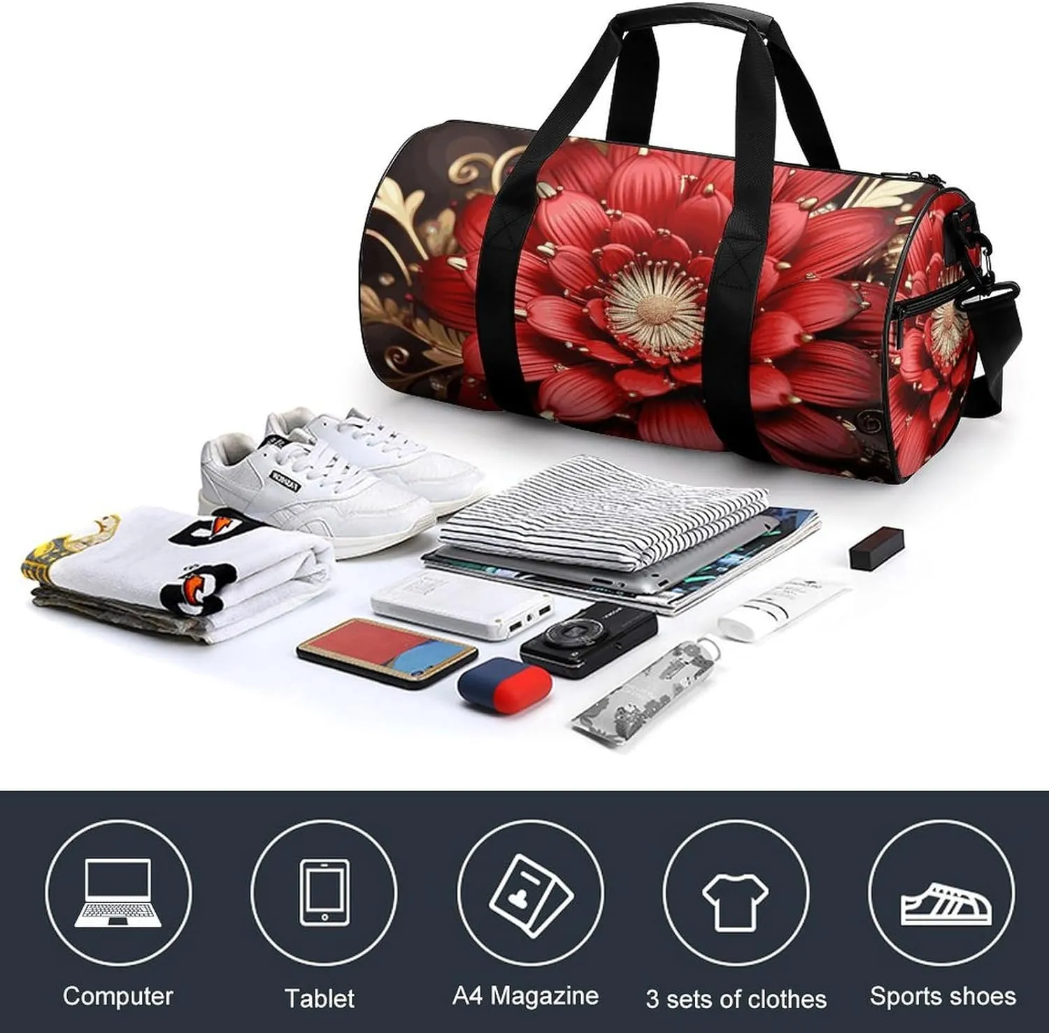 Gym Bag for Men Women Red Gold Flower Duffel Bag Overnight Bag with Compartment Gym Sackpac