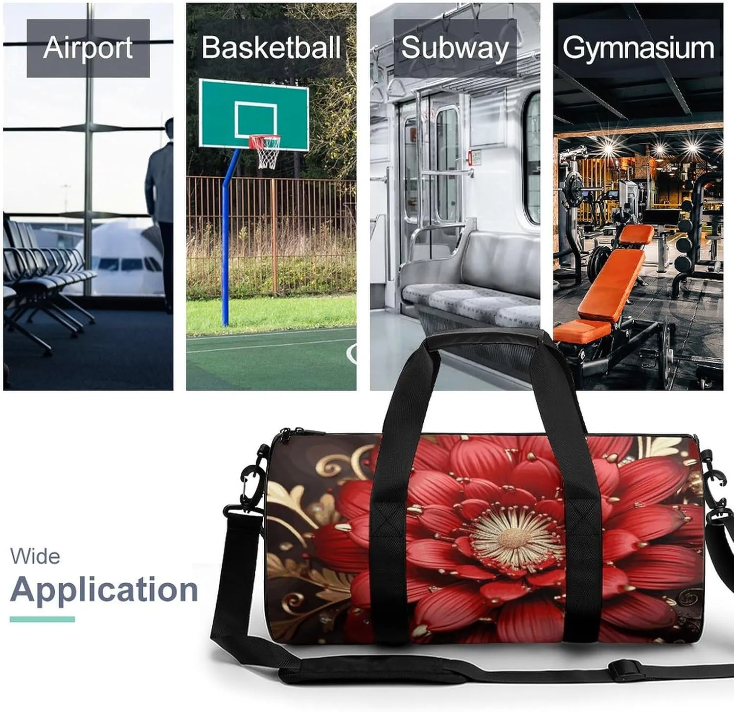 Gym Bag for Men Women Red Gold Flower Duffel Bag Overnight Bag with Compartment Gym Sackpac