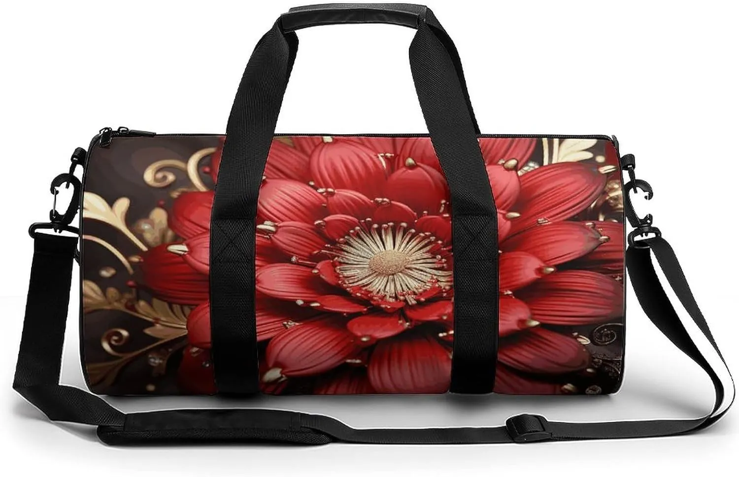 Gym Bag for Men Women Red Gold Flower Duffel Bag Overnight Bag with Compartment Gym Sackpac