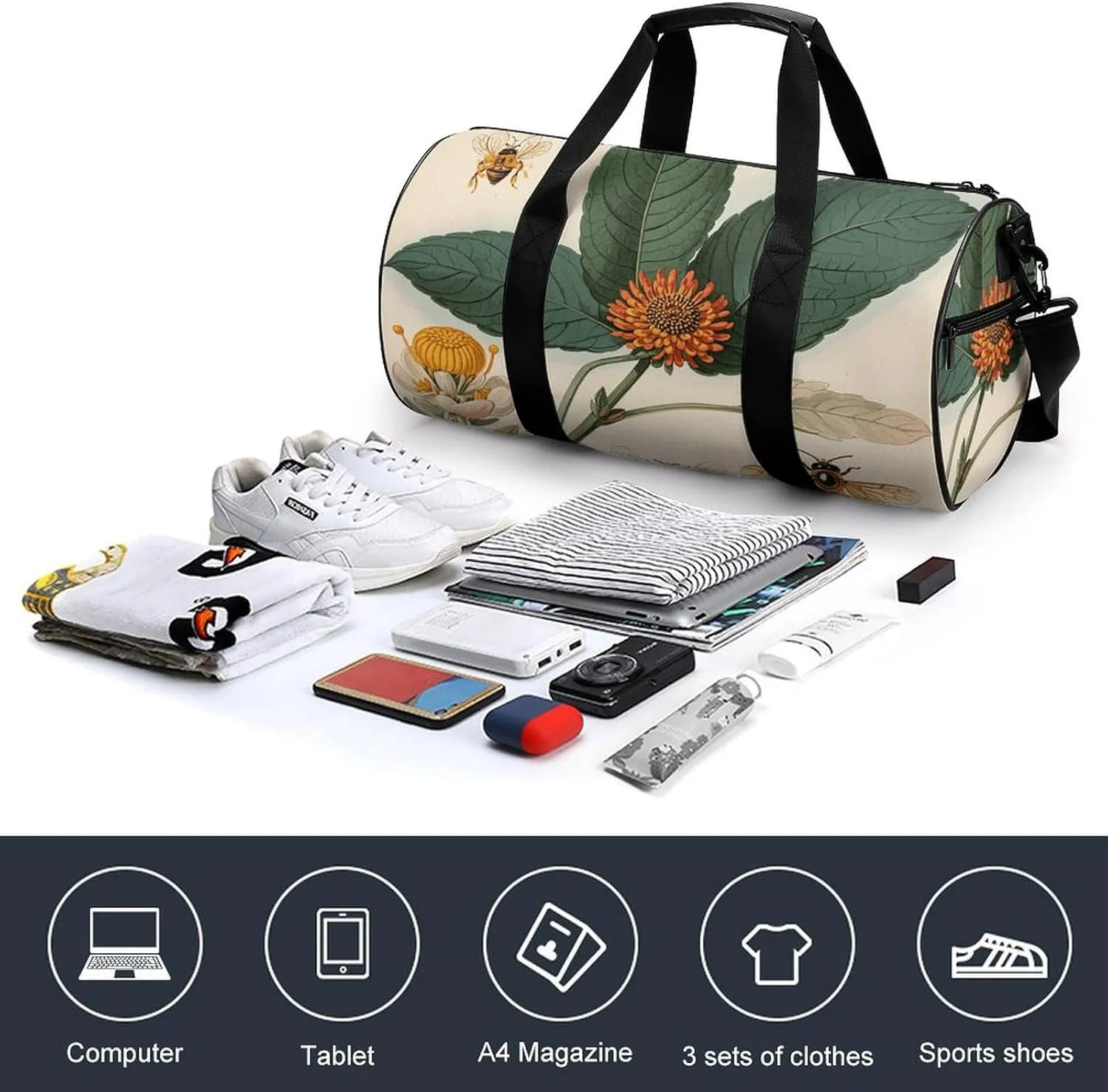 Gym Bag for Men Women Vintage Botanical Bee Illustration Duffel Bag Overnight Bag with Compartment Gym Sackpac