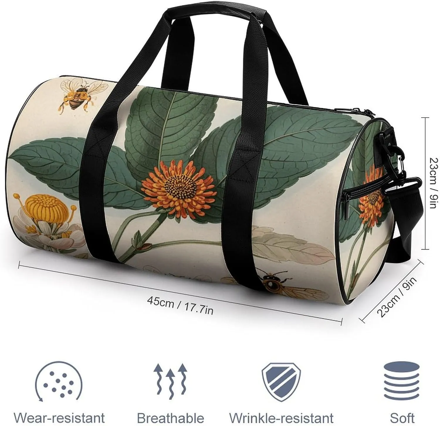 Gym Bag for Men Women Vintage Botanical Bee Illustration Duffel Bag Overnight Bag with Compartment Gym Sackpac