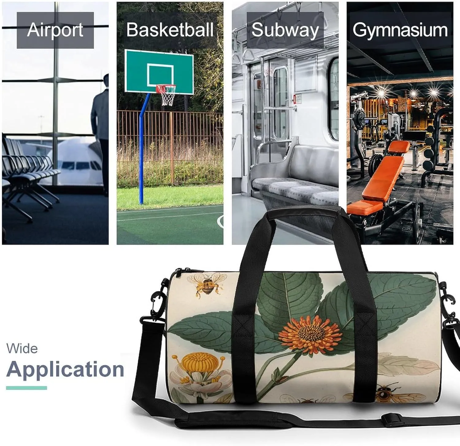 Gym Bag for Men Women Vintage Botanical Bee Illustration Duffel Bag Overnight Bag with Compartment Gym Sackpac
