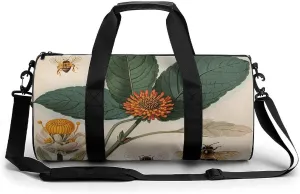 Gym Bag for Men Women Vintage Botanical Bee Illustration Duffel Bag Overnight Bag with Compartment Gym Sackpac
