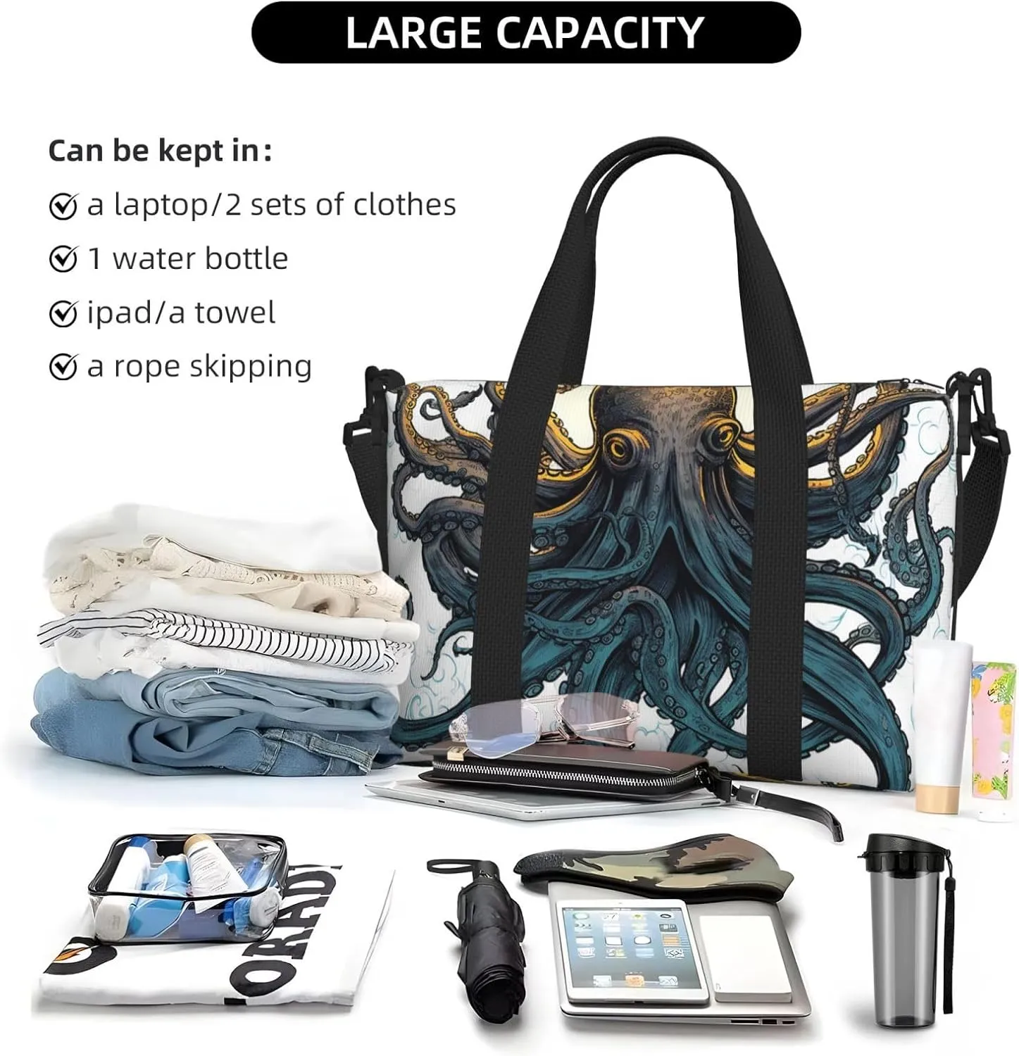 Gym Bag Sun Ocean Octopus Duffel Bag for Men Women Travel Overnight Bag with Shoe Compartment Workout Bags