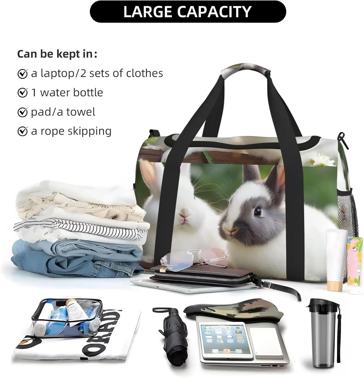 Gym Bag Two Little Cute Rabbits Duffel Bag for Men Women Travel Overnight Bag with Shoe Compartment Workout Bags
