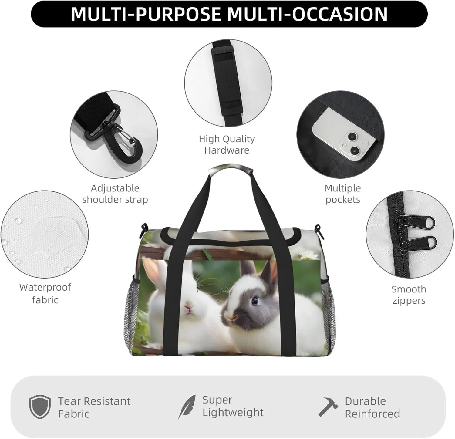 Gym Bag Two Little Cute Rabbits Duffel Bag for Men Women Travel Overnight Bag with Shoe Compartment Workout Bags