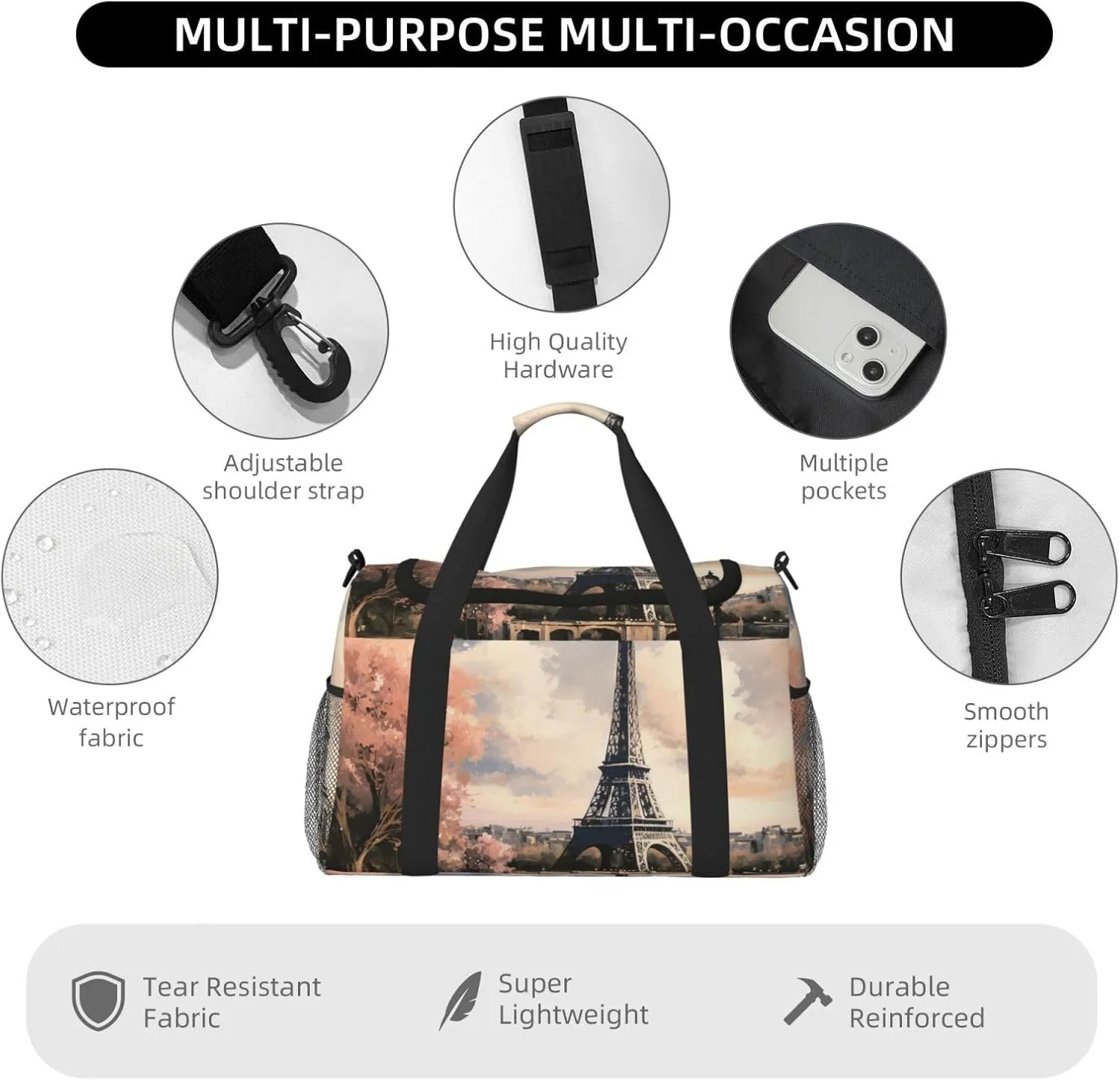 Gym Bag Vintage Style Eiffel Tower Paris Duffel Bag for Men Women Travel Overnight Bag with Shoe Compartment Workout Bags