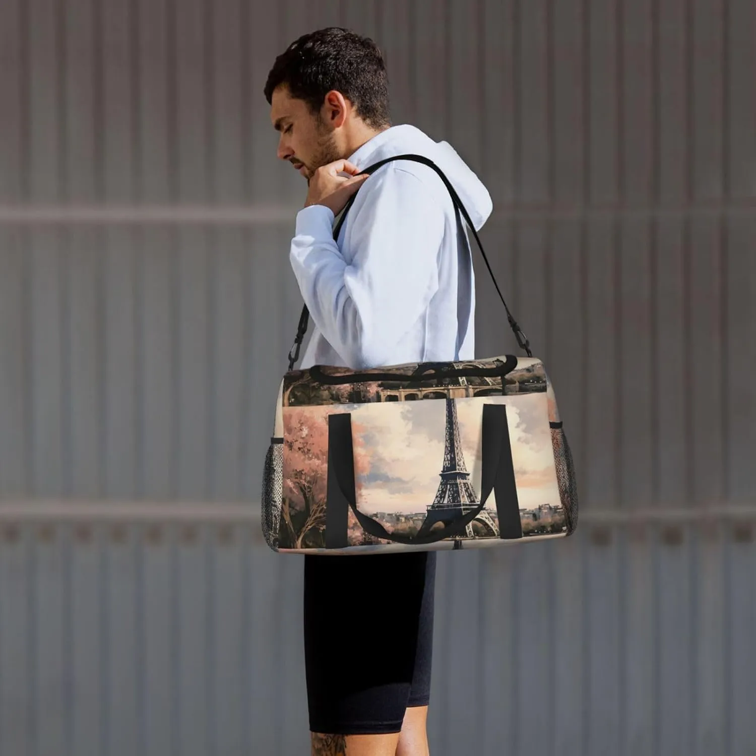 Gym Bag Vintage Style Eiffel Tower Paris Duffel Bag for Men Women Travel Overnight Bag with Shoe Compartment Workout Bags