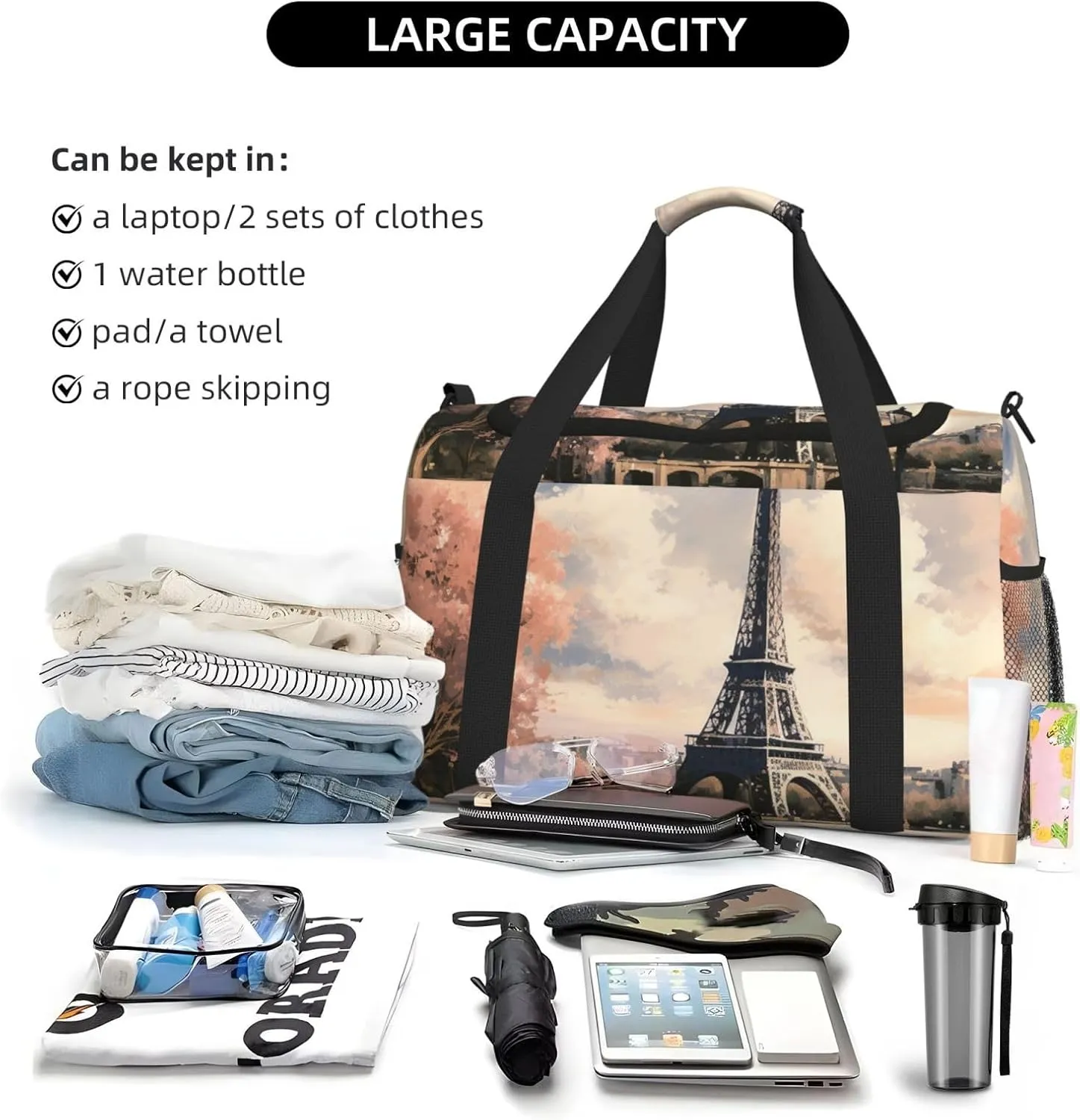 Gym Bag Vintage Style Eiffel Tower Paris Duffel Bag for Men Women Travel Overnight Bag with Shoe Compartment Workout Bags