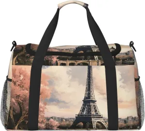 Gym Bag Vintage Style Eiffel Tower Paris Duffel Bag for Men Women Travel Overnight Bag with Shoe Compartment Workout Bags
