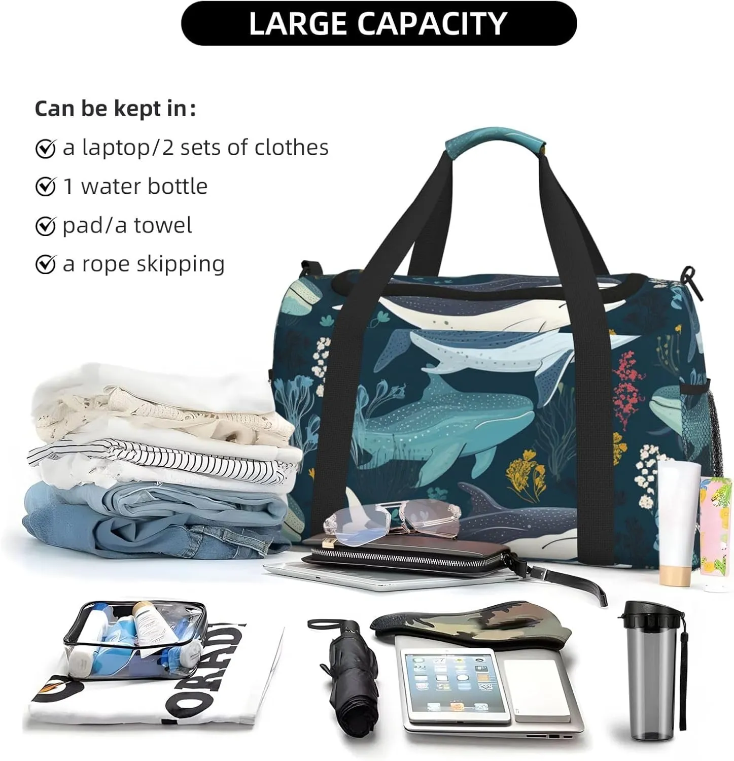 Gym Bag Whale Pattern Duffel Bag for Men Women Travel Overnight Bag with Shoe Compartment Workout Bags