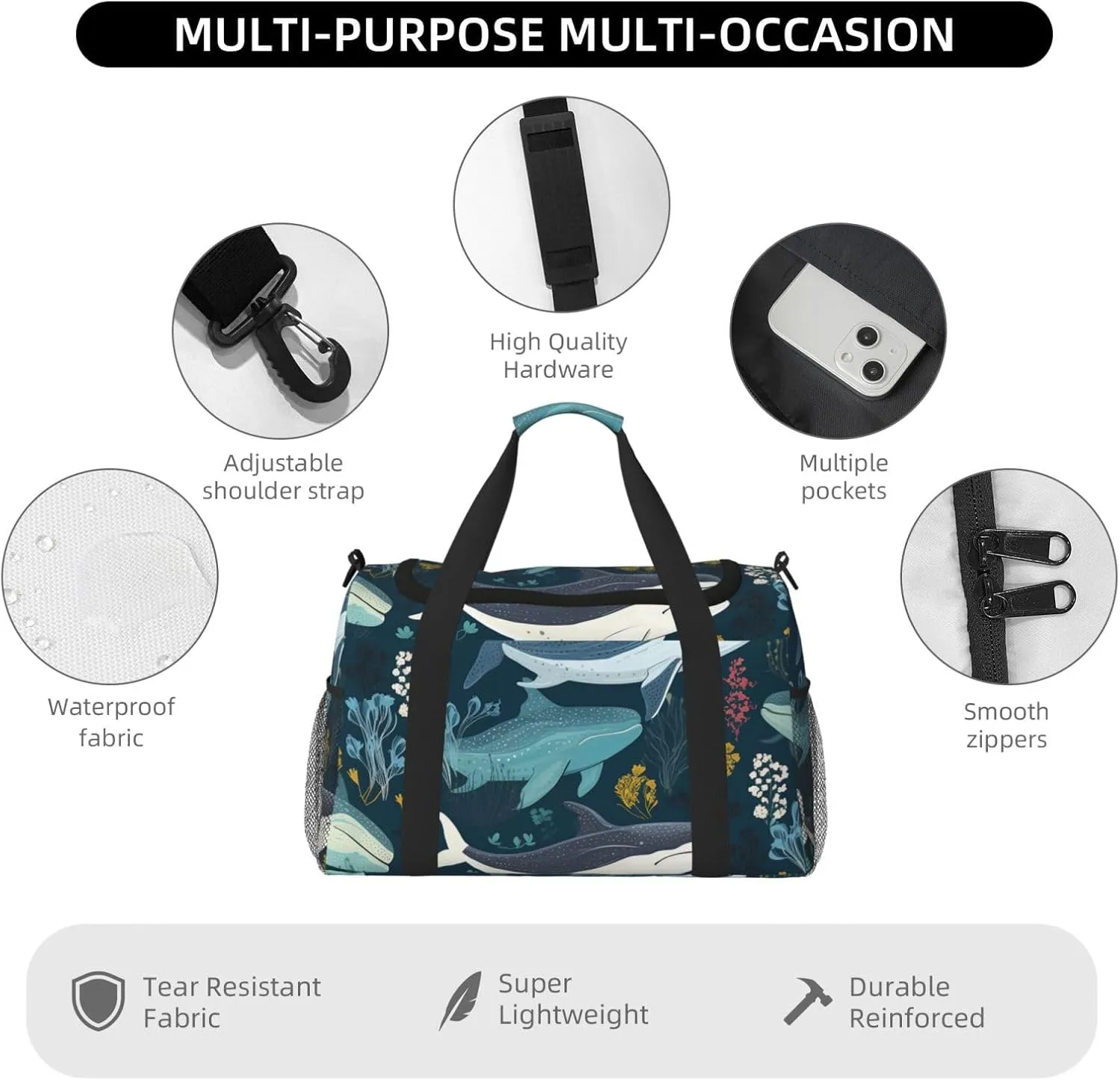 Gym Bag Whale Pattern Duffel Bag for Men Women Travel Overnight Bag with Shoe Compartment Workout Bags