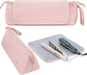 Hair Tools Travel Bag, Fireproof Mat, 2-in-1 Portable Organizer for Flat Irons, Curling Wands, Hair Dryers, Waterproof Storage Case with Adjustable Dividers, Pink
