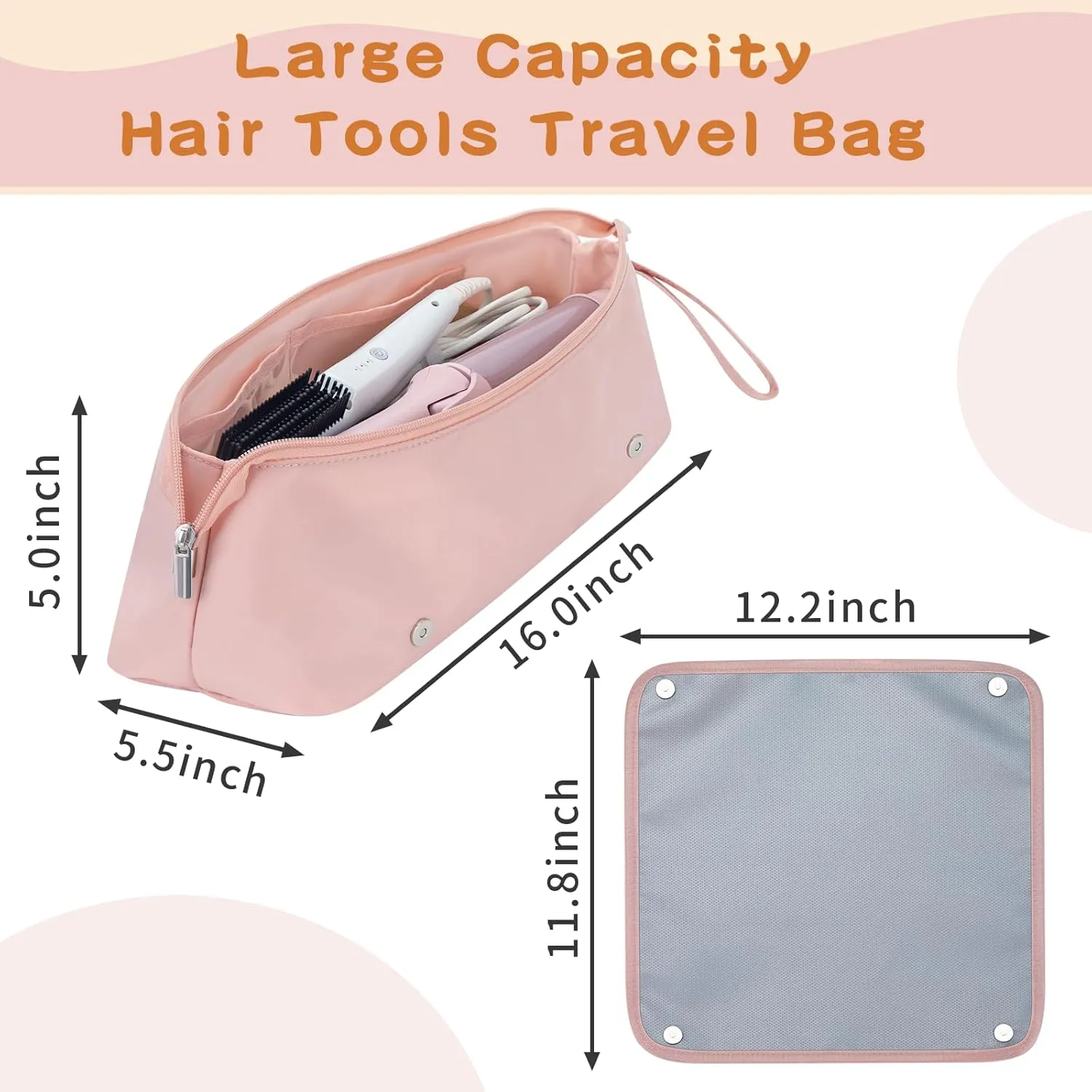 Hair Tools Travel Bag, Fireproof Mat, 2-in-1 Portable Organizer for Flat Irons, Curling Wands, Hair Dryers, Waterproof Storage Case with Adjustable Dividers, Pink
