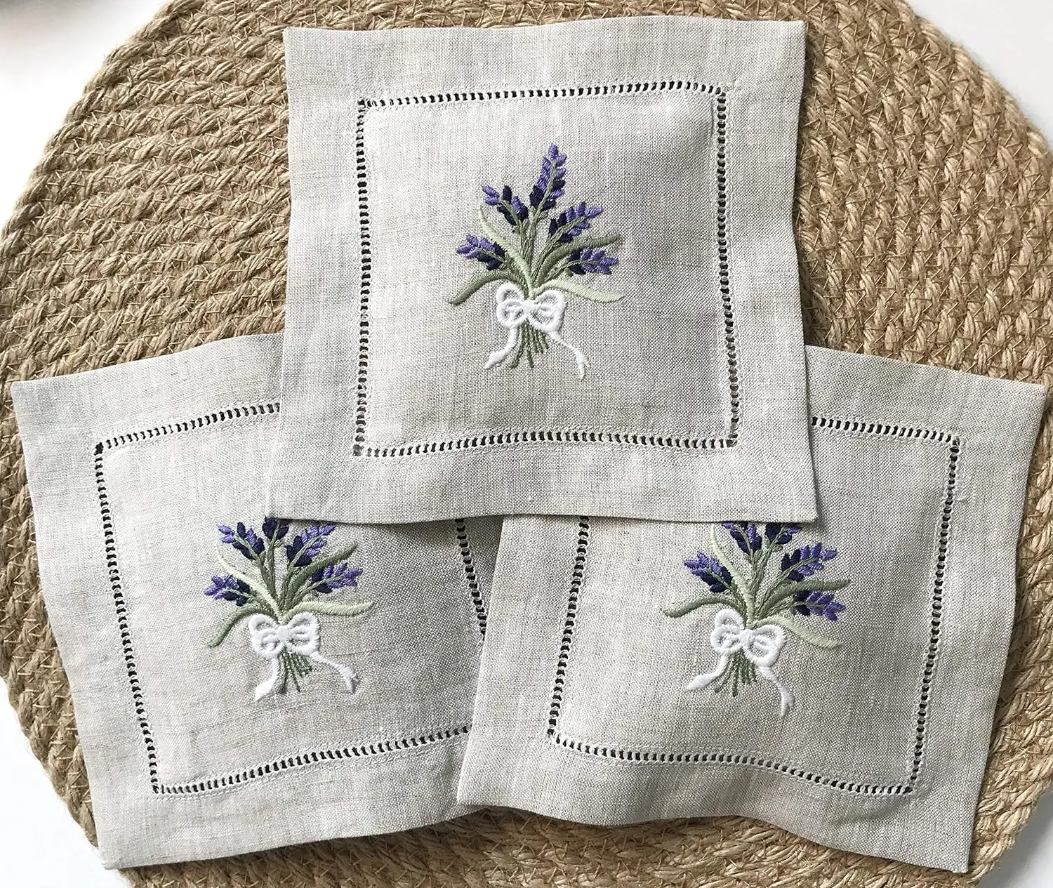 Hand Embroidered Lavender Sachet Bag Wheat Embroidery Natural Linen 6"x6", Set of 3