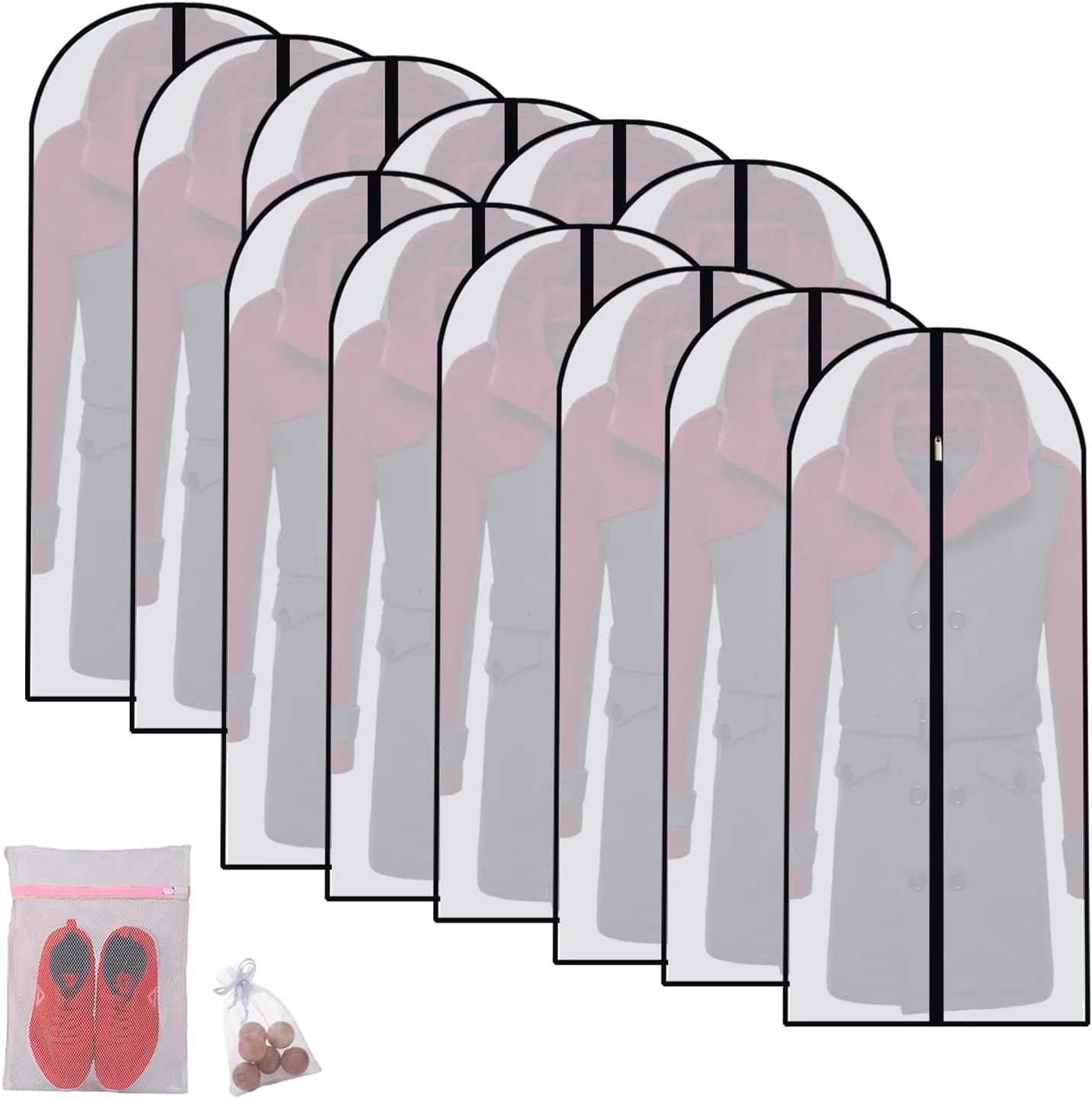 Hanging Garment Bag Hanging Clothes Bags (Set of 12) for Closet Storage Plastic Bag with Zipper for Suit Sweaters Travel Laundry Wardrobe Closet Garment Dust Cover Bags (Black, 24'' x 48'')