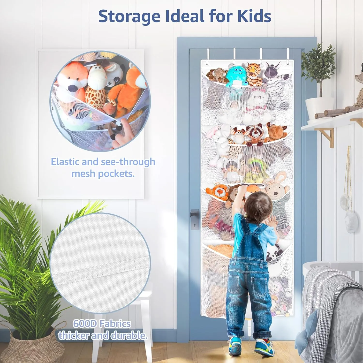 Hanging Stuffed Animal Storage, Over Door Large Plush Toy Organizer with Metal Hook, Baby Accessory Holder Idea for Nursery, Doll & Bear Mesh Hammock Bag for Girl Boy Kid Room