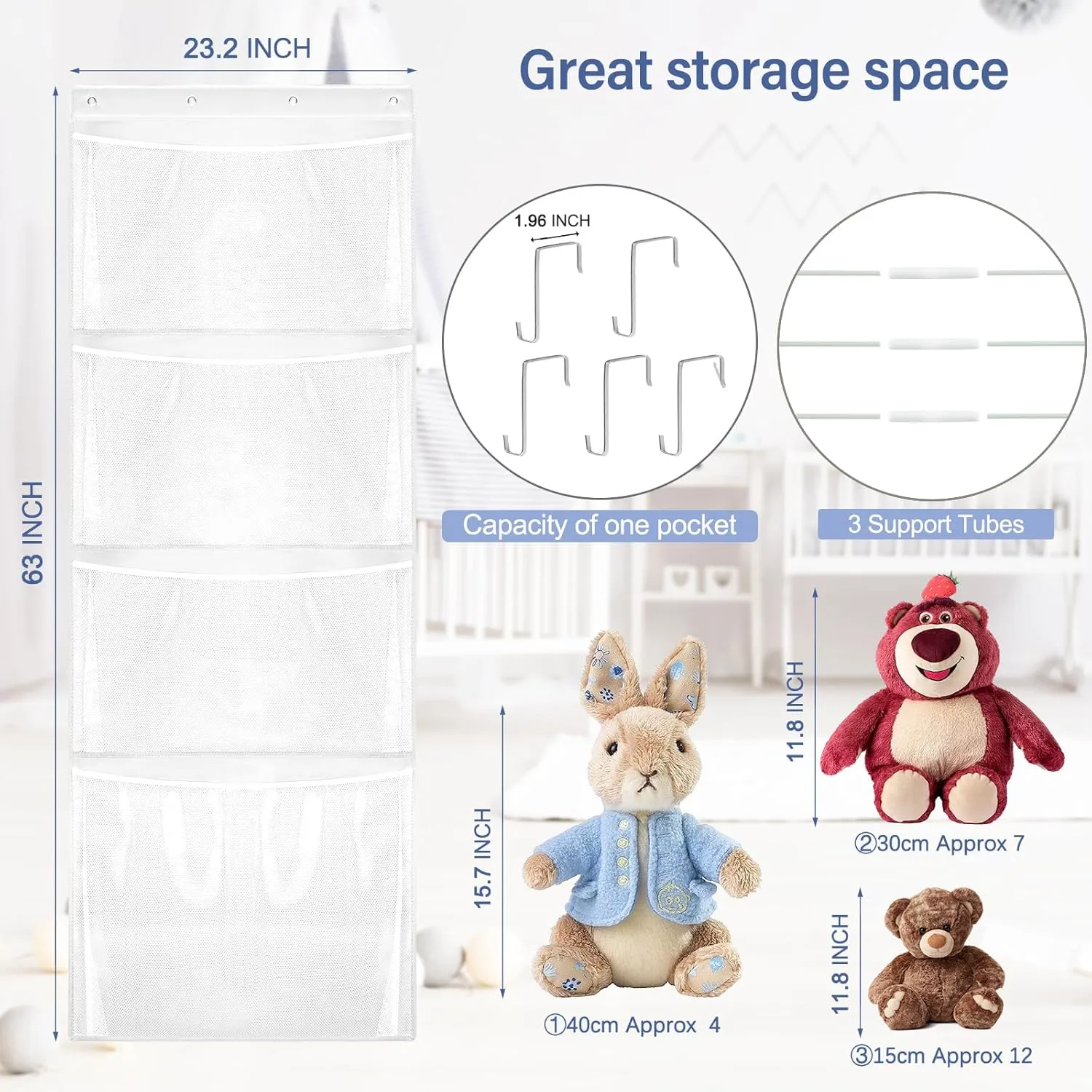 Hanging Stuffed Animal Storage, Over Door Large Plush Toy Organizer with Metal Hook, Baby Accessory Holder Idea for Nursery, Doll & Bear Mesh Hammock Bag for Girl Boy Kid Room