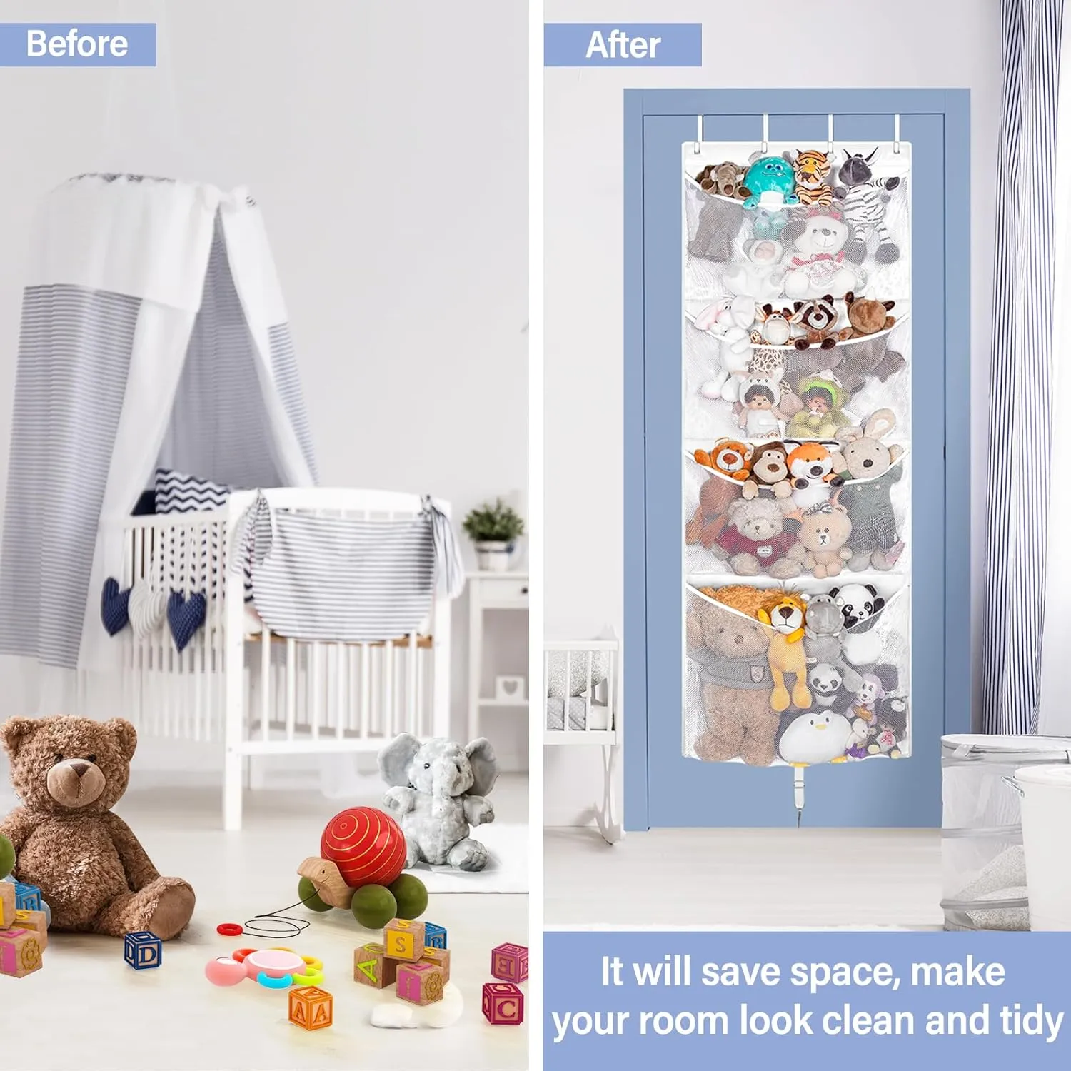 Hanging Stuffed Animal Storage, Over Door Large Plush Toy Organizer with Metal Hook, Baby Accessory Holder Idea for Nursery, Doll & Bear Mesh Hammock Bag for Girl Boy Kid Room