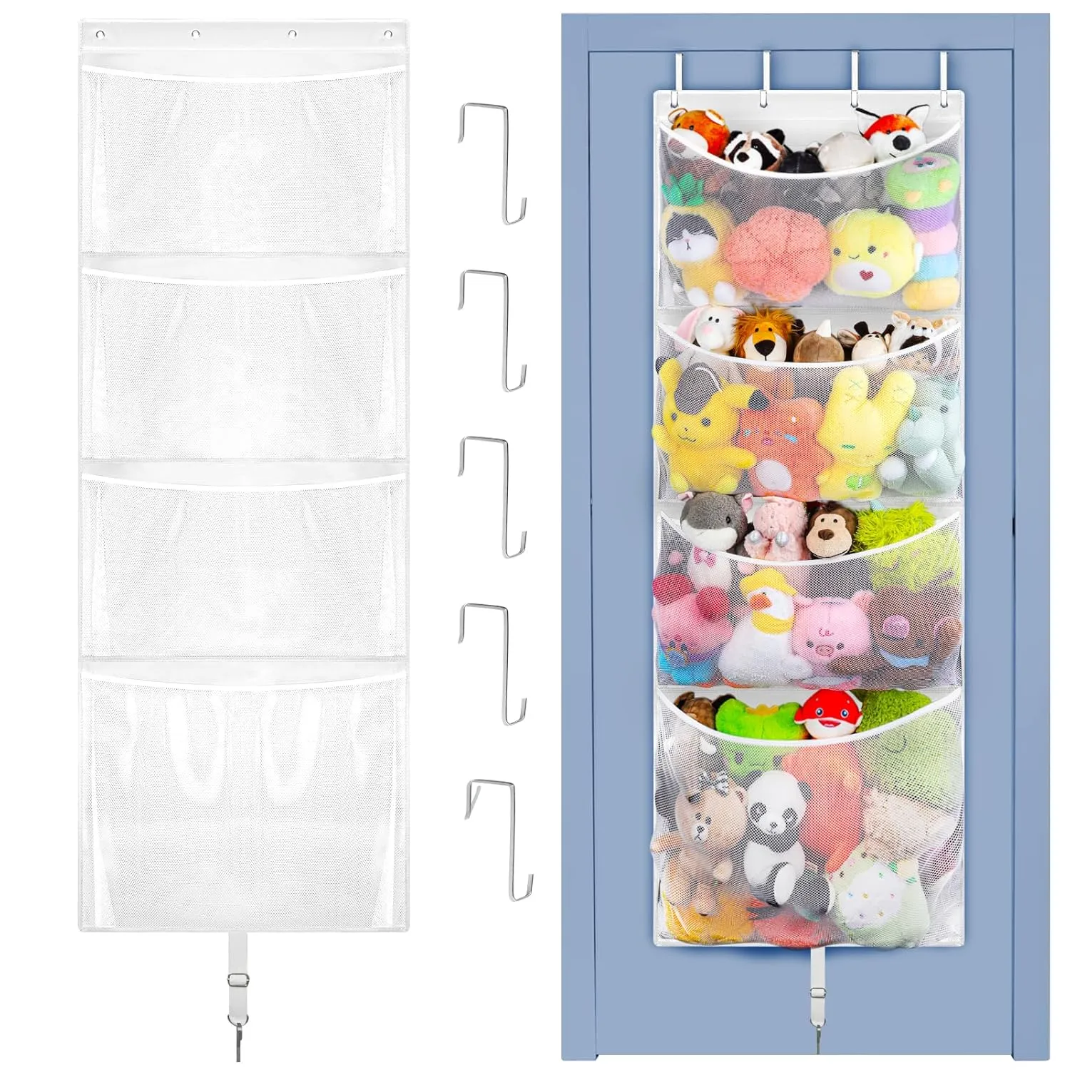 Hanging Stuffed Animal Storage, Over Door Large Plush Toy Organizer with Metal Hook, Baby Accessory Holder Idea for Nursery, Doll & Bear Mesh Hammock Bag for Girl Boy Kid Room