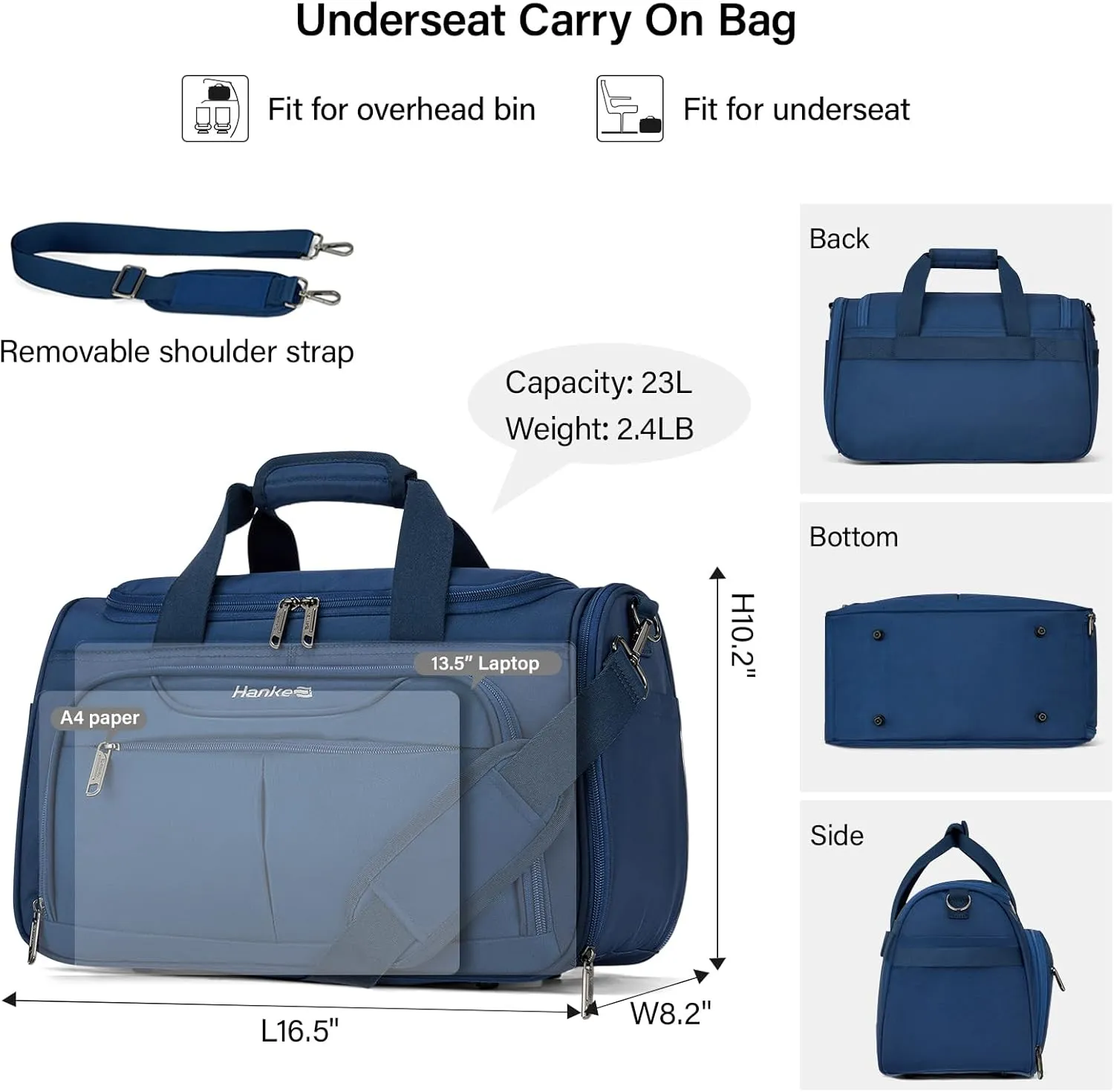 Hanke Foldable Underseat Carry On luggage Bag, Travel Tote Bag for Women & Men, Personal Item Travel Bag Softside Lightweight Luggage Bags for Travel Flight Crew Overnight Weekender.（Blue）