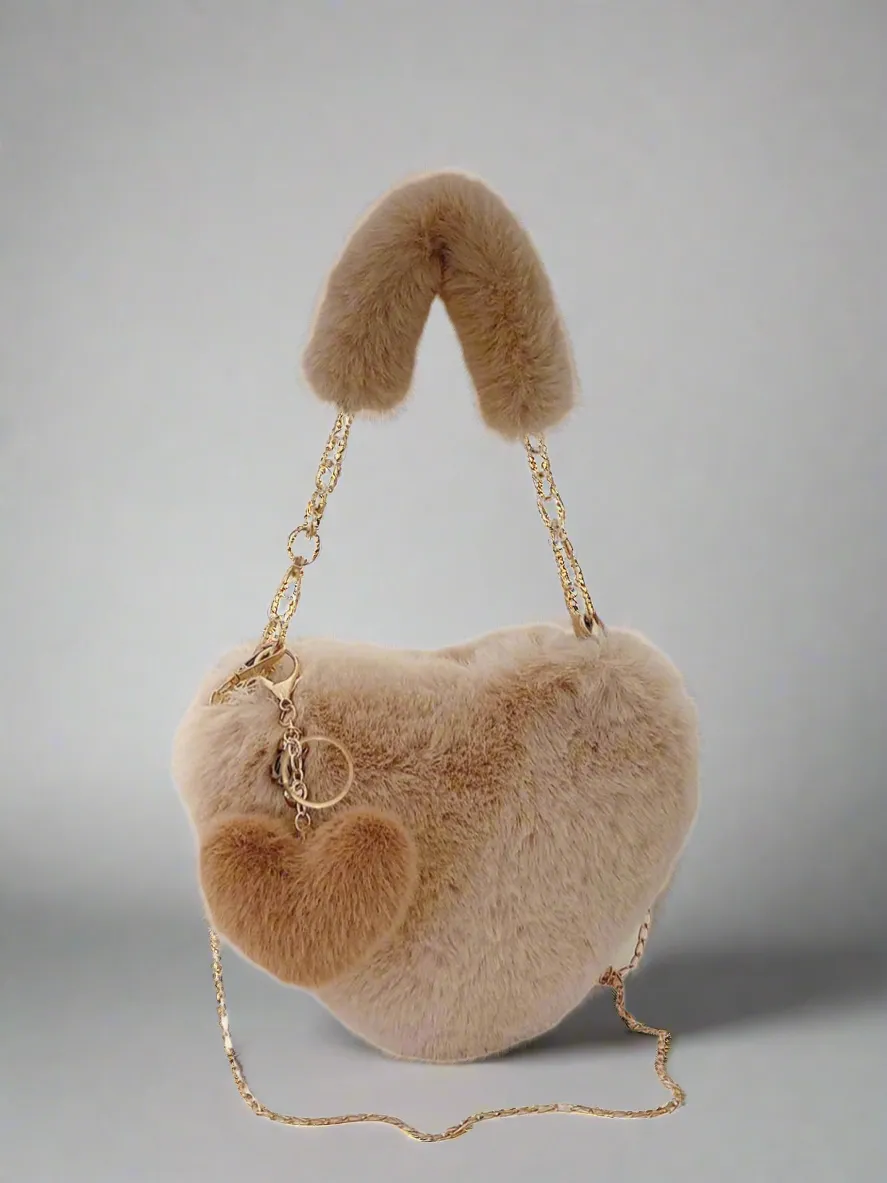 Heart Shape Faux Fur Handbag