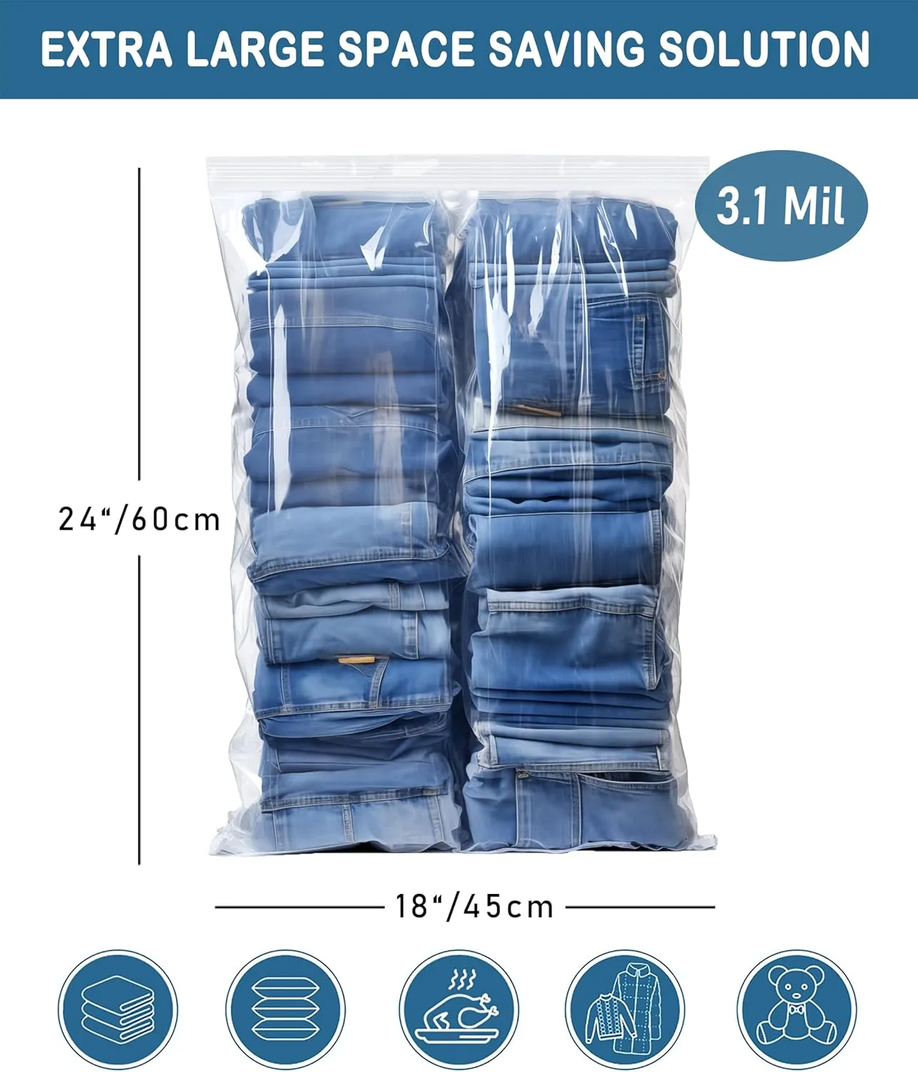 Heavy Duty Storage Bags with Zipper Top, Extra Large 5 Gallon Bag 18" x 24", Resealable Plastic Bag, Jumbo Freezer Bags for Food, Clothes, Travel, Moving, 3.1-mil Thick, Pack of 15