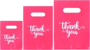Heran 200PCS Thank You Bags with Handle Pink Retail Bags for Small Business, 3 Sizes Plastic Grocery Merchandise Sale Bag for Clothes Boutique Gift, Reusable Goodie Bag Bulk for Store Party Favor Purchase