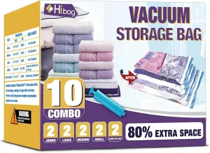HIBAG Vacuum Storage Bags, 10-Pack Vacuum Seal Bags for Clothing Clothes, Space Saver Bags (2 Jumbo, 2 Large, 2 Medium, 2 Small, 2 Roll-up) with Pump (10-Combo)