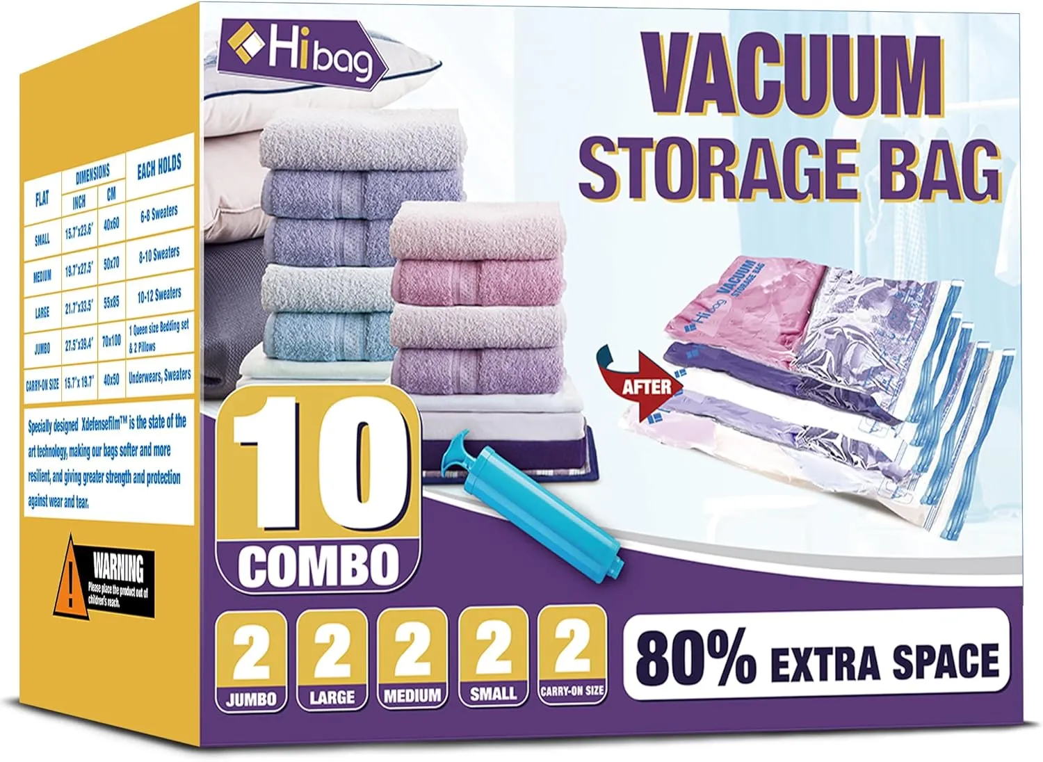 HIBAG Vacuum Storage Bags, 10-Pack Vacuum Seal Bags for Clothing Clothes, Space Saver Bags (2 Jumbo, 2 Large, 2 Medium, 2 Small, 2 Roll-up) with Pump (10-Combo)