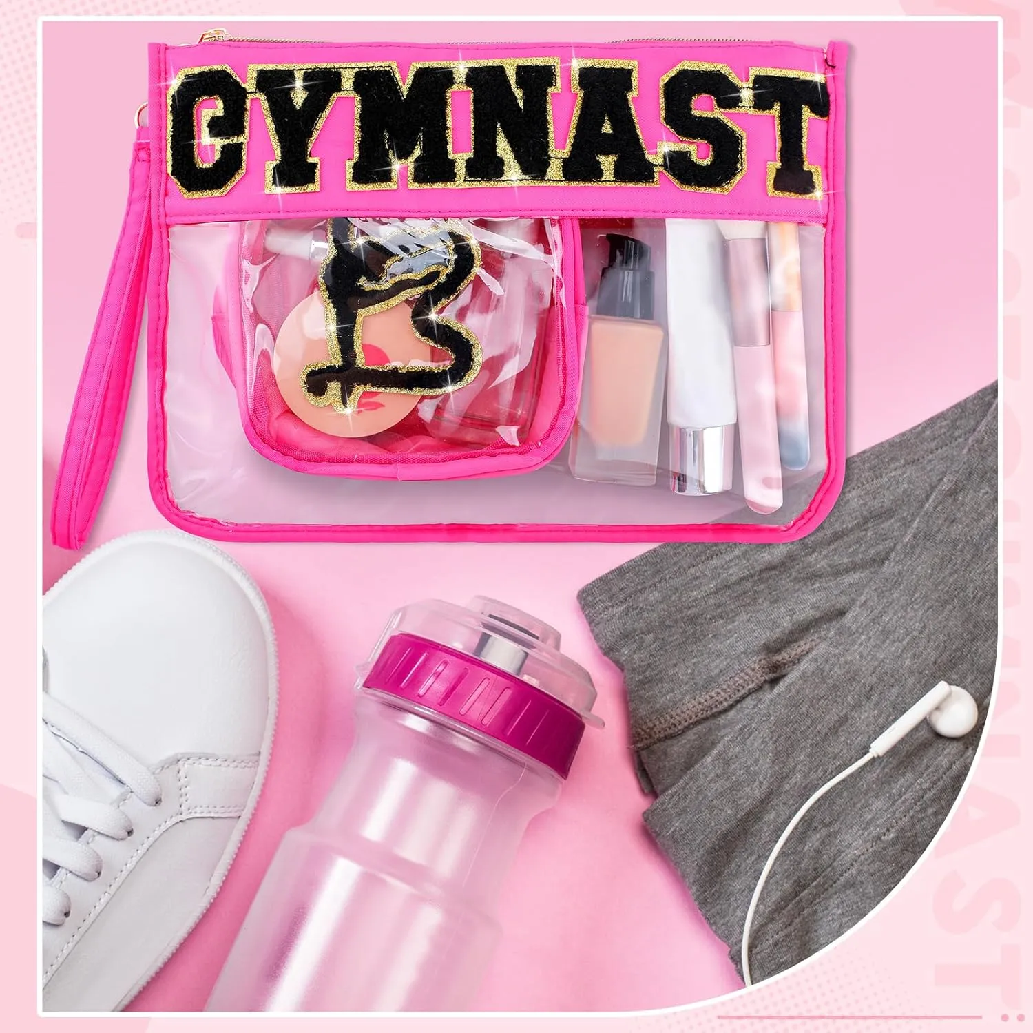 Hillban 2 Pcs Gymnastics Makeup Bag for Women Gymnastic Coach Gift Gymnastics Stuff for Sport Lover Birthday Team Gifts Chenille Letter Bag Cosmetic Clear Toiletry Pouch Waterproof Travel Purse