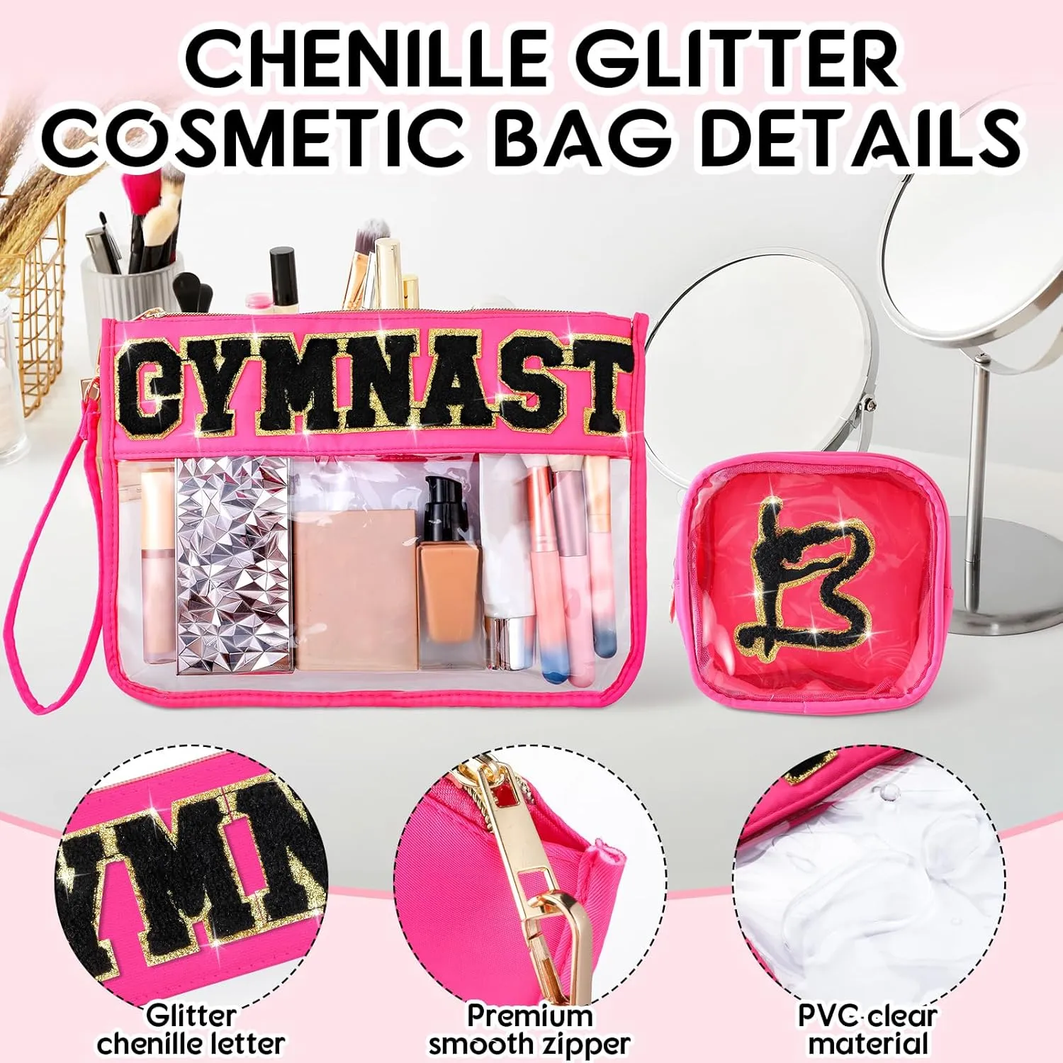 Hillban 2 Pcs Gymnastics Makeup Bag for Women Gymnastic Coach Gift Gymnastics Stuff for Sport Lover Birthday Team Gifts Chenille Letter Bag Cosmetic Clear Toiletry Pouch Waterproof Travel Purse