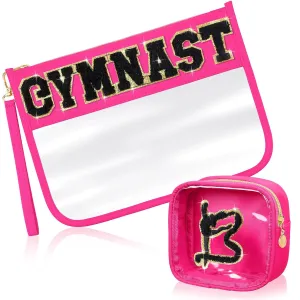 Hillban 2 Pcs Gymnastics Makeup Bag for Women Gymnastic Coach Gift Gymnastics Stuff for Sport Lover Birthday Team Gifts Chenille Letter Bag Cosmetic Clear Toiletry Pouch Waterproof Travel Purse
