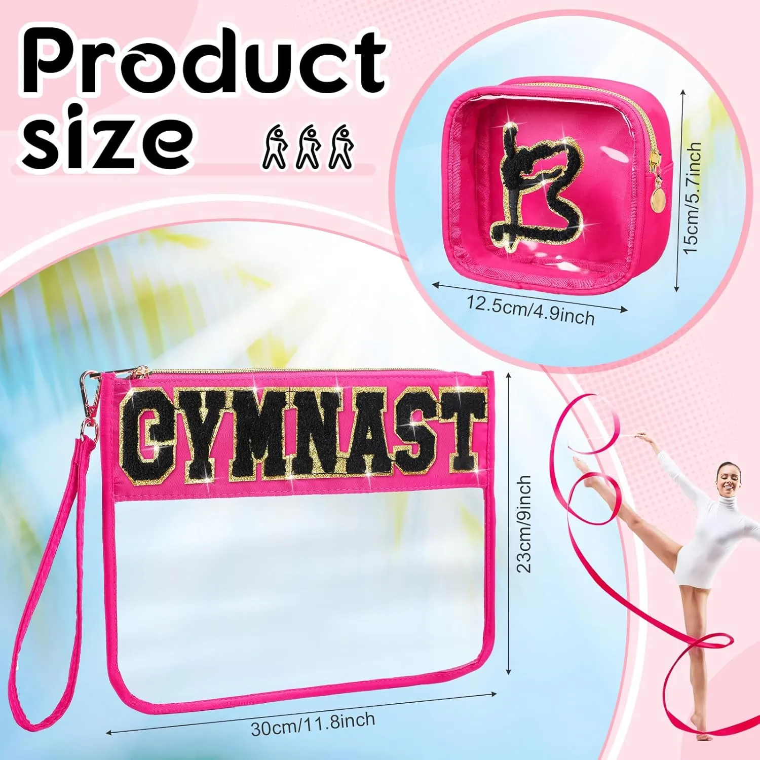 Hillban 2 Pcs Gymnastics Makeup Bag for Women Gymnastic Coach Gift Gymnastics Stuff for Sport Lover Birthday Team Gifts Chenille Letter Bag Cosmetic Clear Toiletry Pouch Waterproof Travel Purse