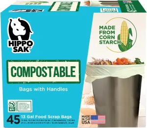 Hippo Sak - 13 Gallon Tall Kitchen Compostable Bags with Ergonomic Handles - Reinforced Bottom and Leak Proof Bags (45 Count)
