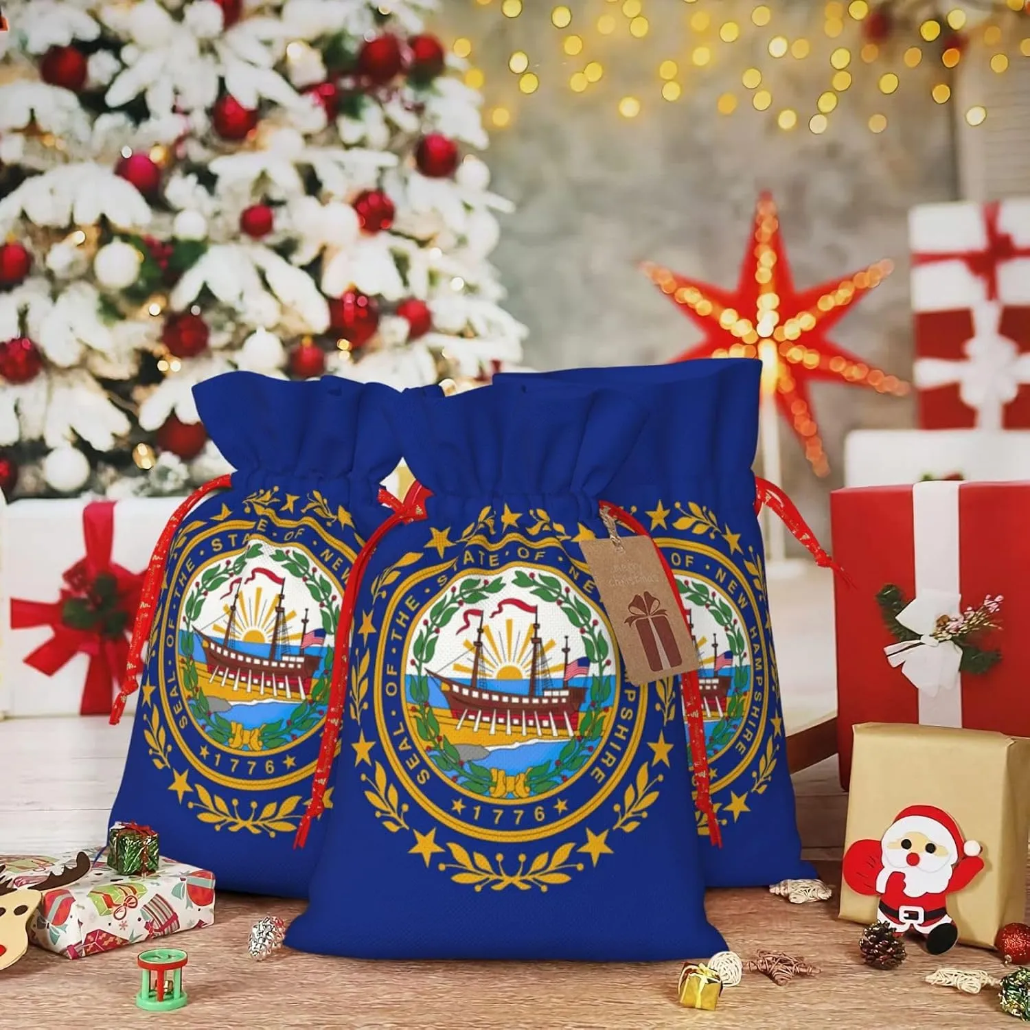 HJKTVDRQ New Hampshire State Flag Print Reusable Gifts Bags Present Wrapping Decorative Bags For Holiday,Christmas,Birthday Presents