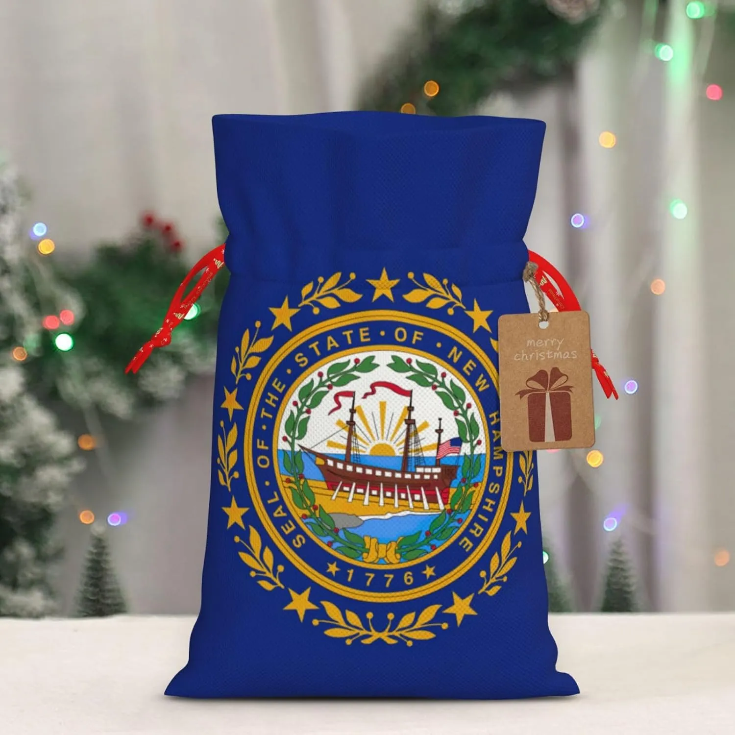 HJKTVDRQ New Hampshire State Flag Print Reusable Gifts Bags Present Wrapping Decorative Bags For Holiday,Christmas,Birthday Presents