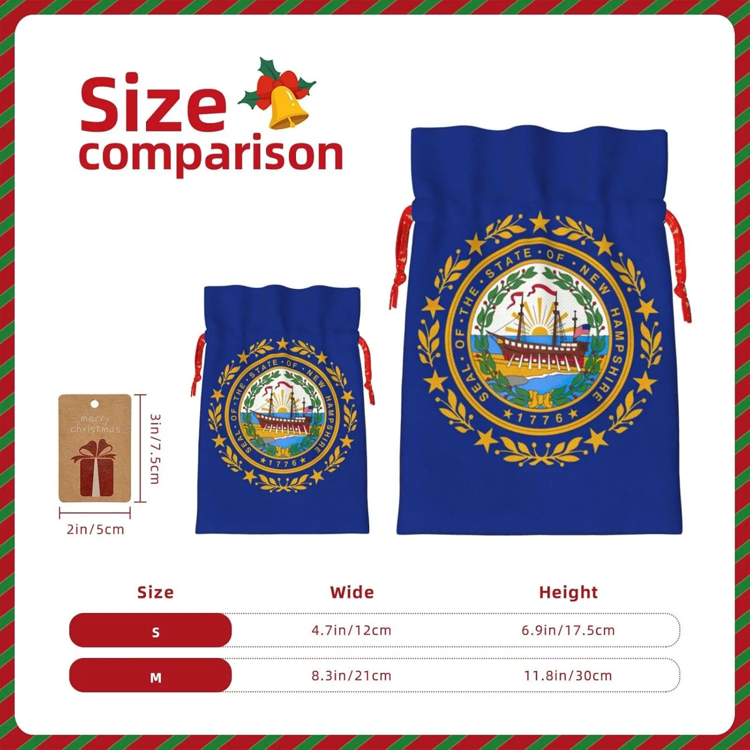 HJKTVDRQ New Hampshire State Flag Print Reusable Gifts Bags Present Wrapping Decorative Bags For Holiday,Christmas,Birthday Presents