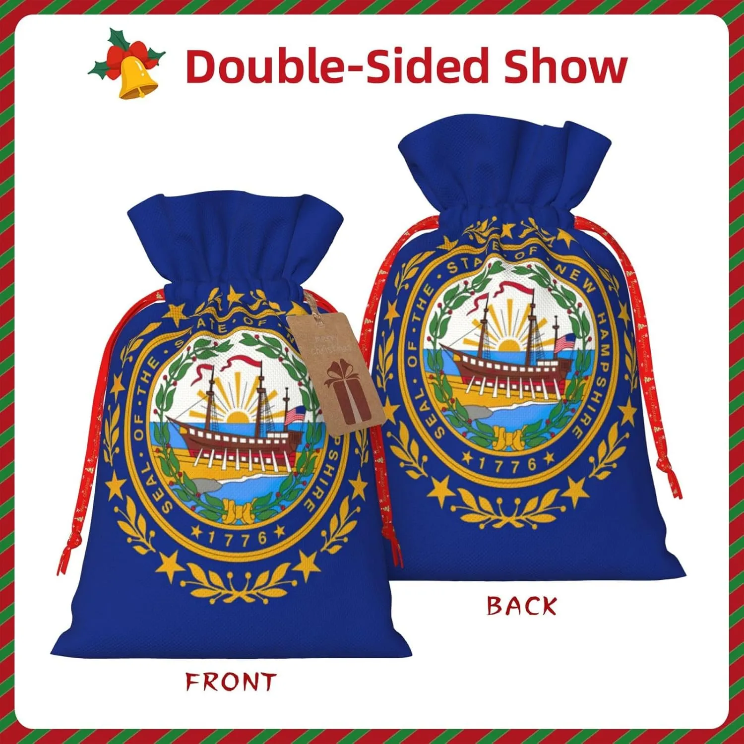 HJKTVDRQ New Hampshire State Flag Print Reusable Gifts Bags Present Wrapping Decorative Bags For Holiday,Christmas,Birthday Presents