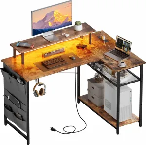 HLDIRECT 43 Inch L Shaped Computer Desk with Power Outlet, Gaming Desk with LED Lights, Corner Desk with Storage Shelves & Monitor Stand, Home Office Desk for Bedroom, Rustic Brown