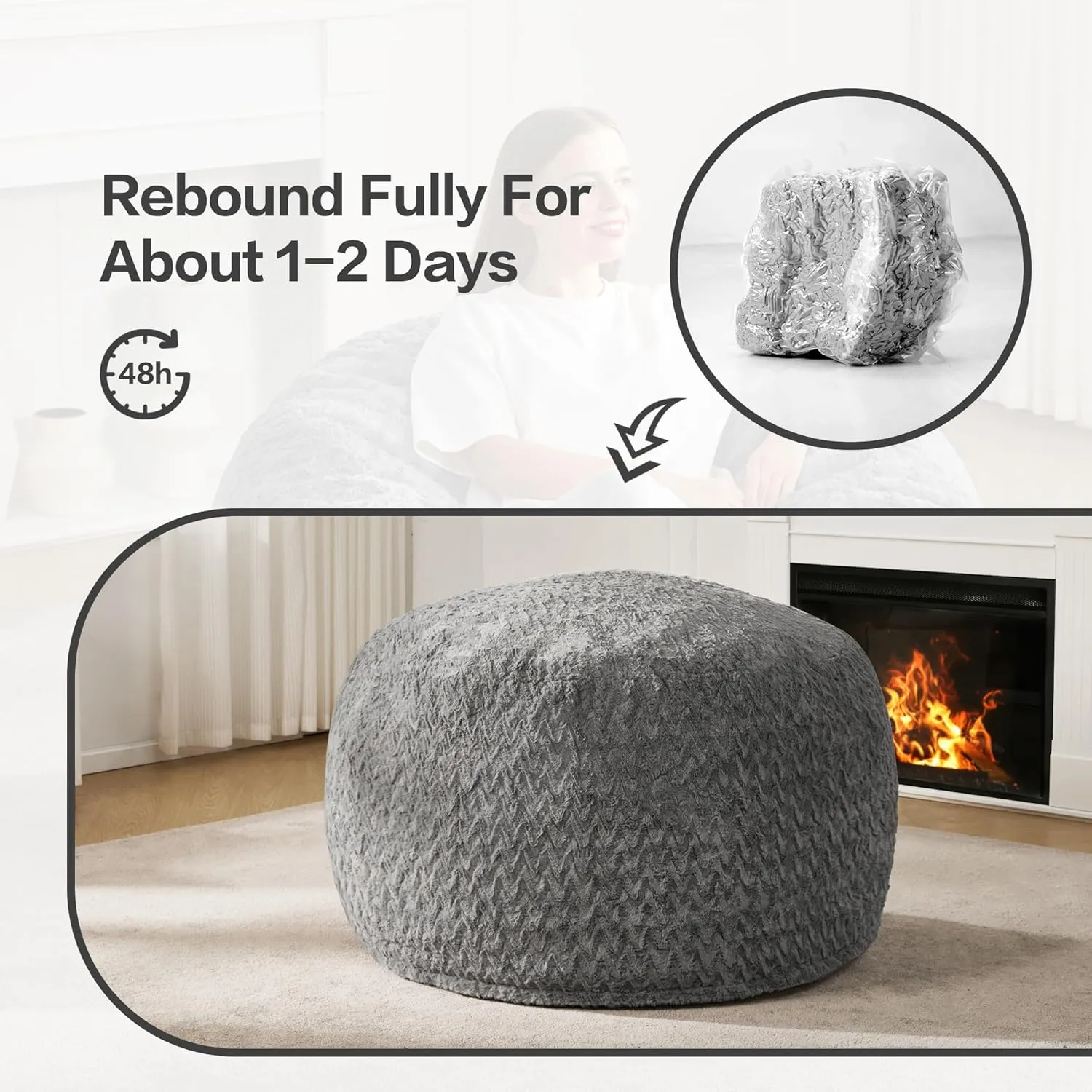 Hobestluk 3ft Bean Bag Chairs for Adults Large Beanbag Chair with Chevron Plush Fur Cover Big Bean Bag Chair for Living Room Bedroom Dorm Office - Grey (36” x 36” x 22”)