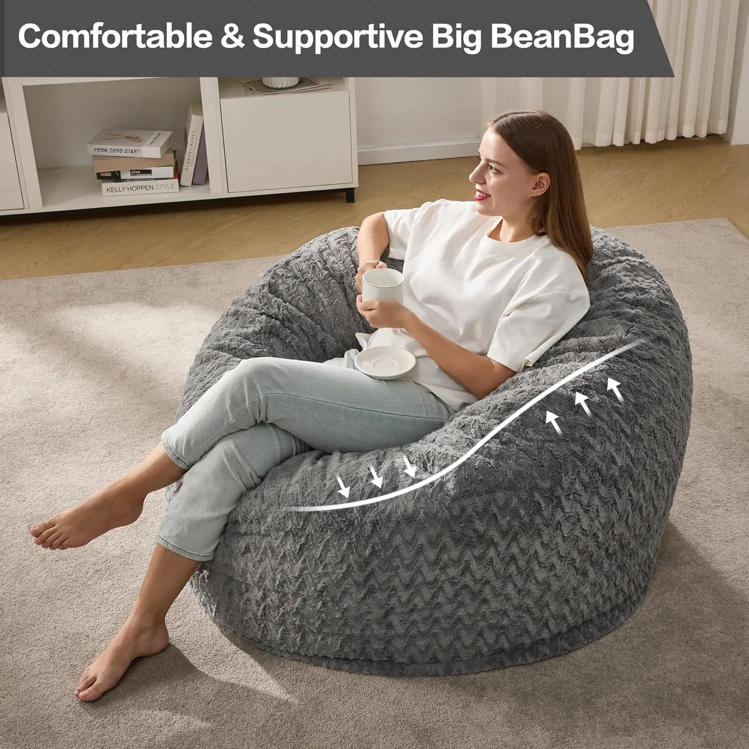 Hobestluk 3ft Bean Bag Chairs for Adults Large Beanbag Chair with Chevron Plush Fur Cover Big Bean Bag Chair for Living Room Bedroom Dorm Office - Grey (36” x 36” x 22”)