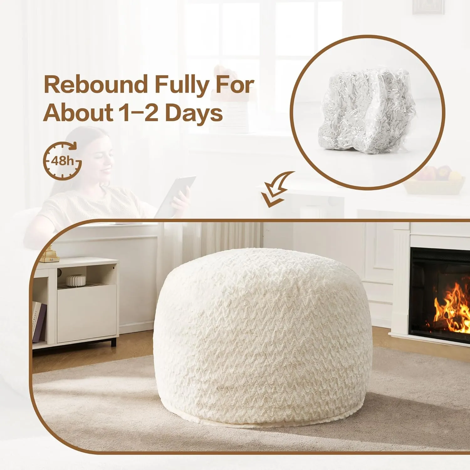 Hobestluk 3ft Bean Bag Chairs for Adults Large Beanbag Chair with Chevron Plush Fur Cover Big Bean Bag Chair for Living Room Bedroom Dorm Office - White (36” x 36” x 22”)