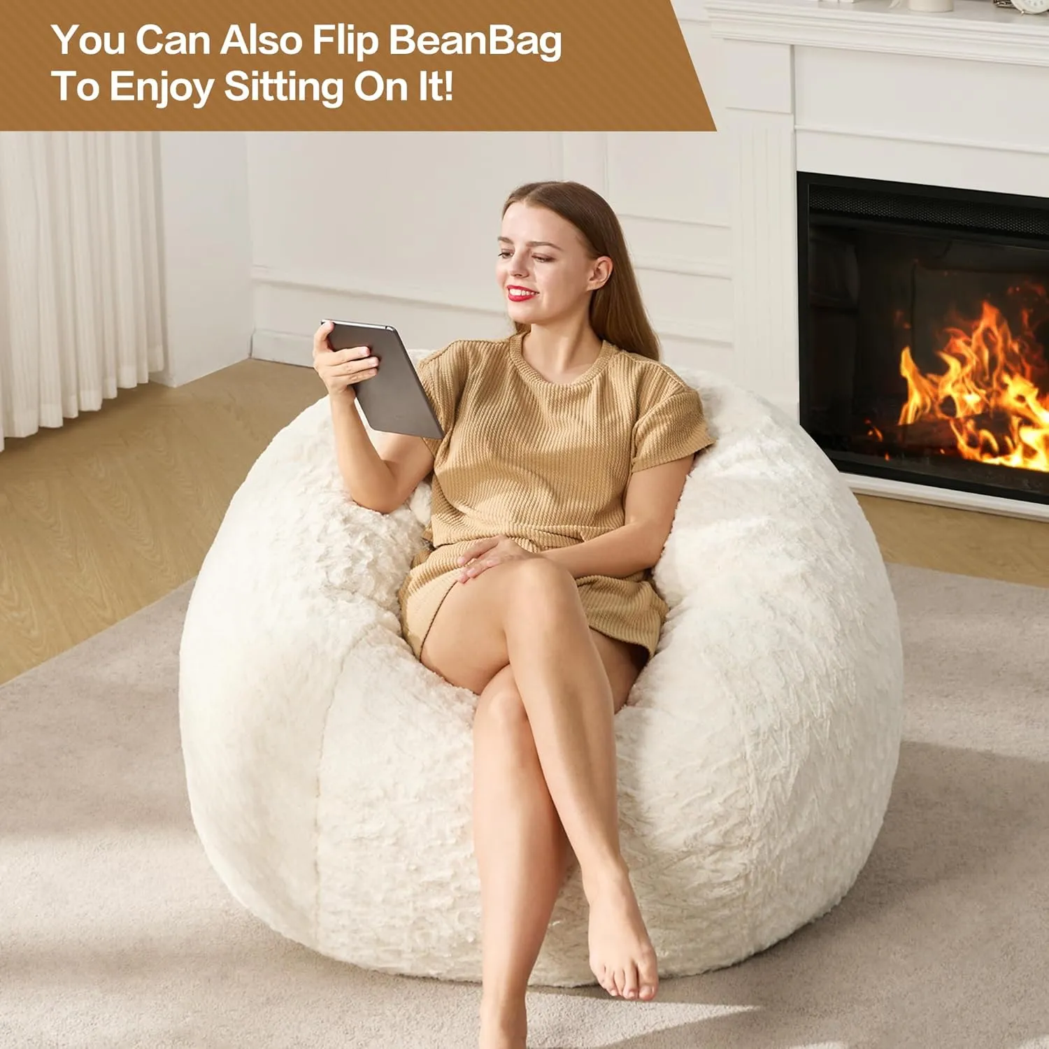 Hobestluk 3ft Bean Bag Chairs for Adults Large Beanbag Chair with Chevron Plush Fur Cover Big Bean Bag Chair for Living Room Bedroom Dorm Office - White (36” x 36” x 22”)