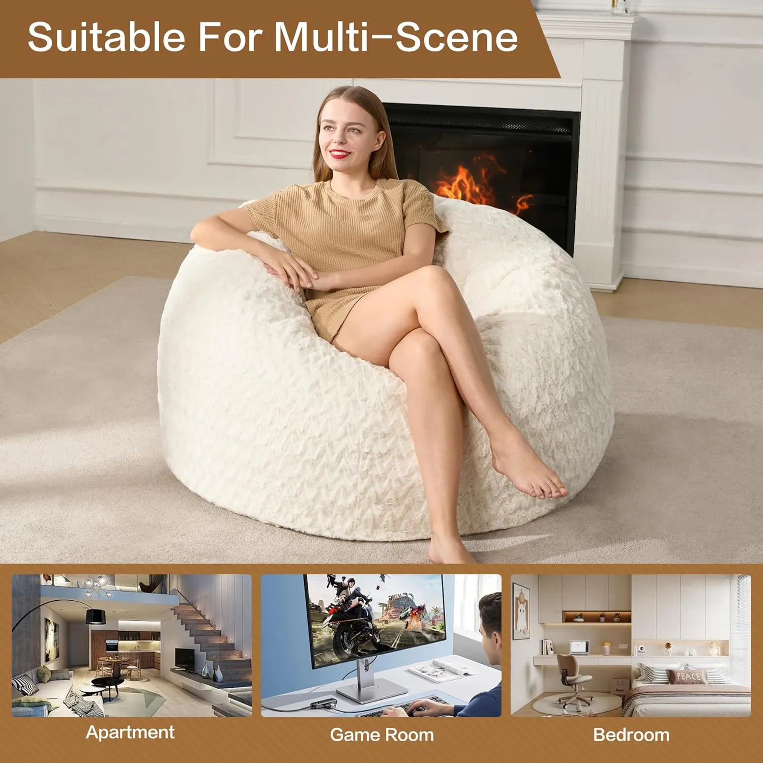 Hobestluk 3ft Bean Bag Chairs for Adults Large Beanbag Chair with Chevron Plush Fur Cover Big Bean Bag Chair for Living Room Bedroom Dorm Office - White (36” x 36” x 22”)