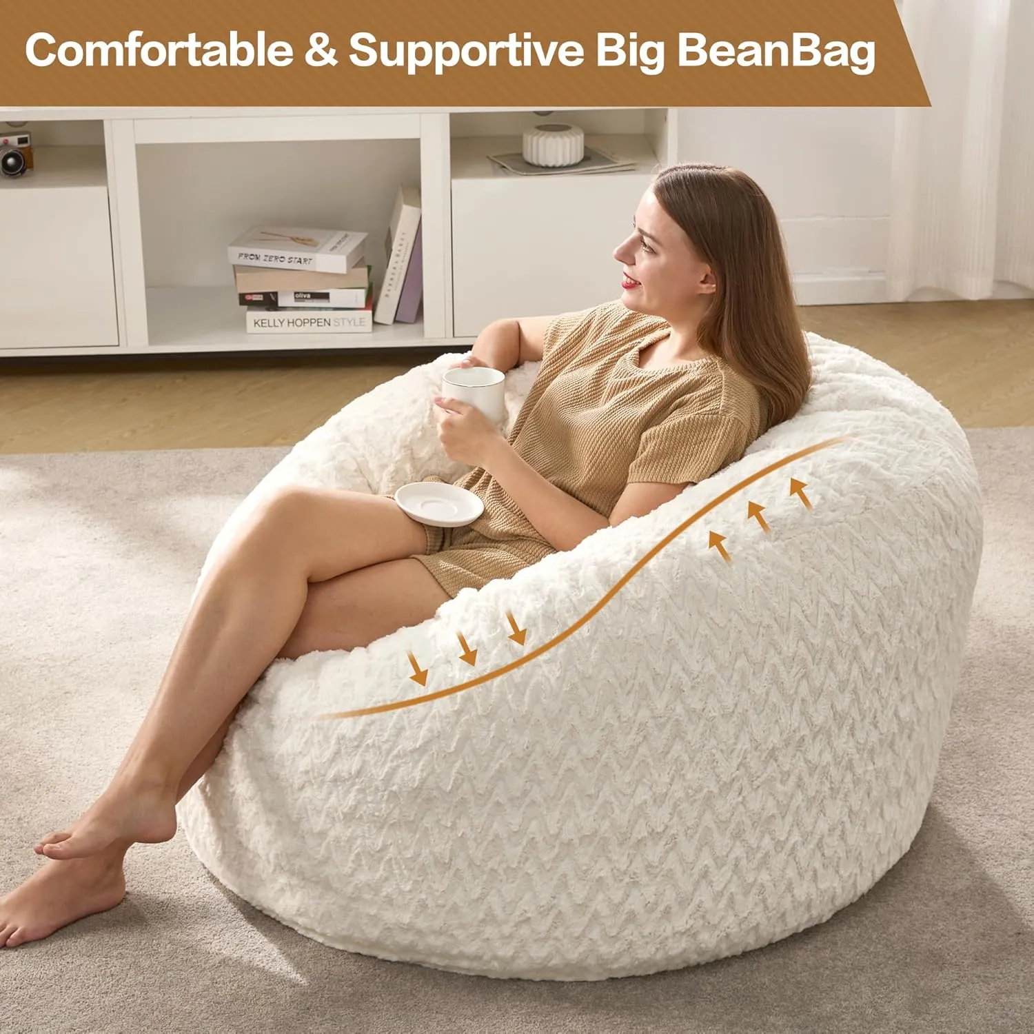 Hobestluk 3ft Bean Bag Chairs for Adults Large Beanbag Chair with Chevron Plush Fur Cover Big Bean Bag Chair for Living Room Bedroom Dorm Office - White (36” x 36” x 22”)