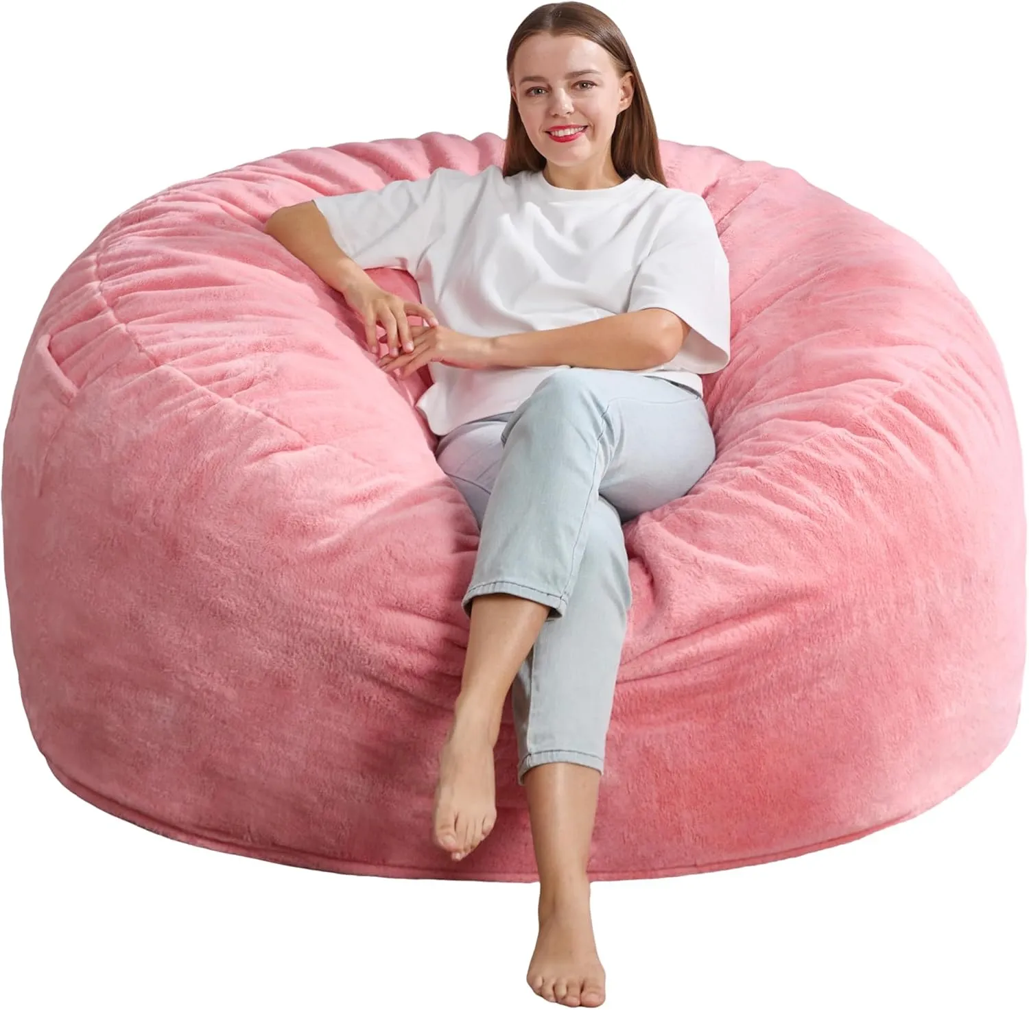 Hobestluk 5ft Bean Bag Chairs for Adults Large Beanbag Chair with Plush Faux Fur Cover Big Bean Bag Chair for Living Room Bedroom Dorm Office - Pink (50” x 50” x 24”)