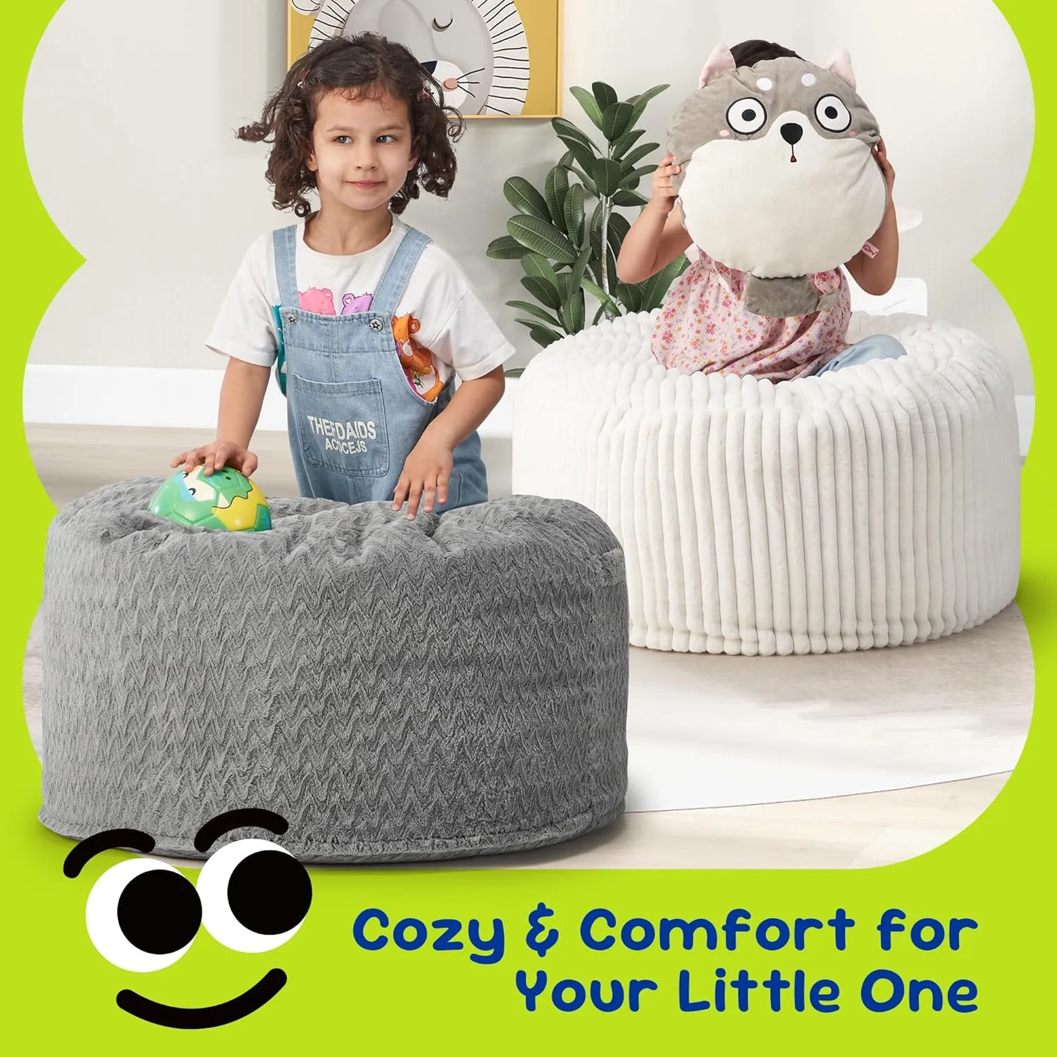Hobestluk Bean Bag Chairs 2.5FT Bean Bag Chair with Memory Foam Filled & Chevron Plush Fur Cover Small Bean Bag Chairs for Playroom, Living Room, Bedroom (Grey)