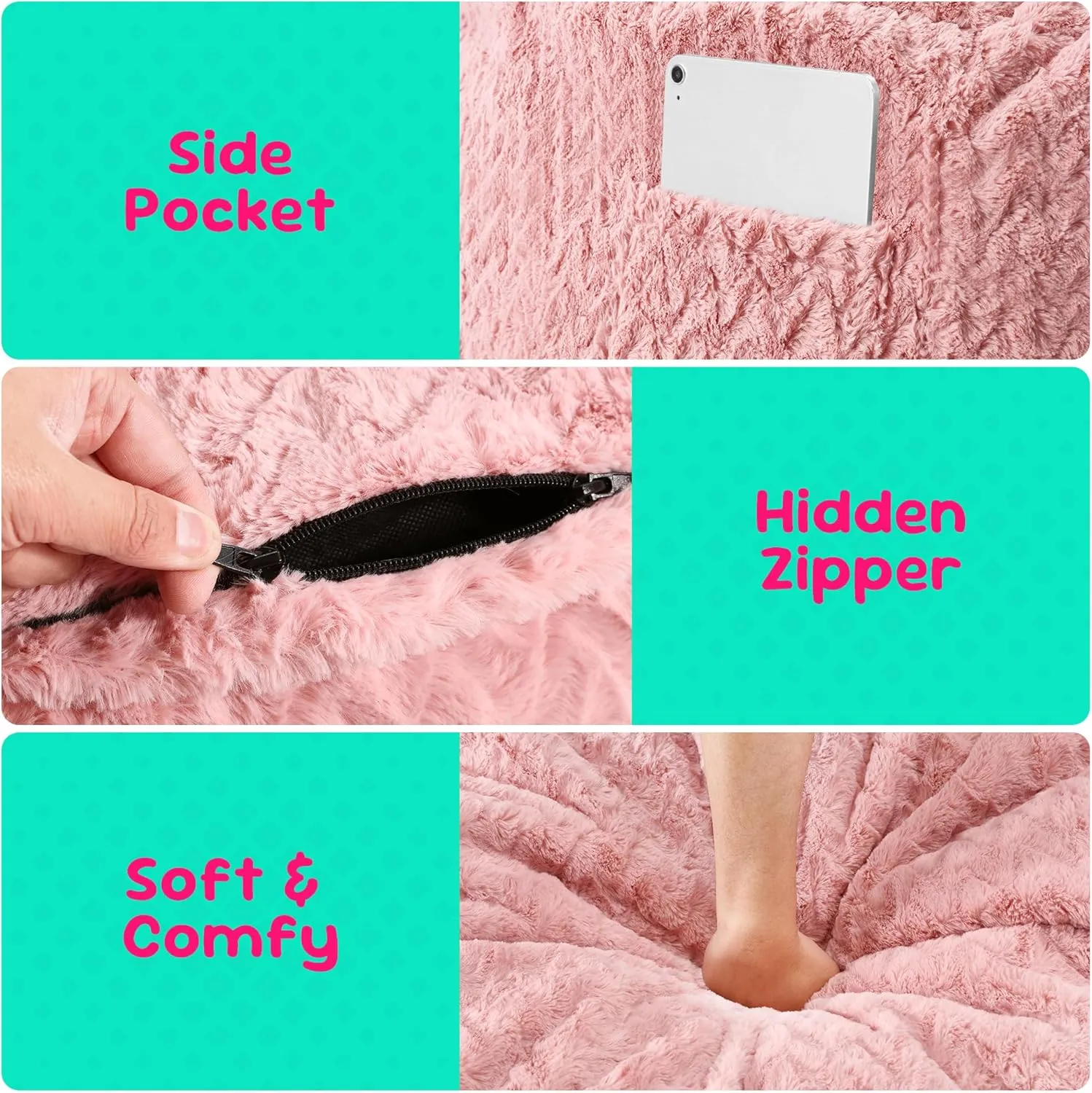 Hobestluk Bean Bag Chairs 2.5FT Bean Bag Chair with Memory Foam Filled & Chevron Plush Fur Cover Small Bean Bag Chairs for Playroom, Living Room, Bedroom (Pink)