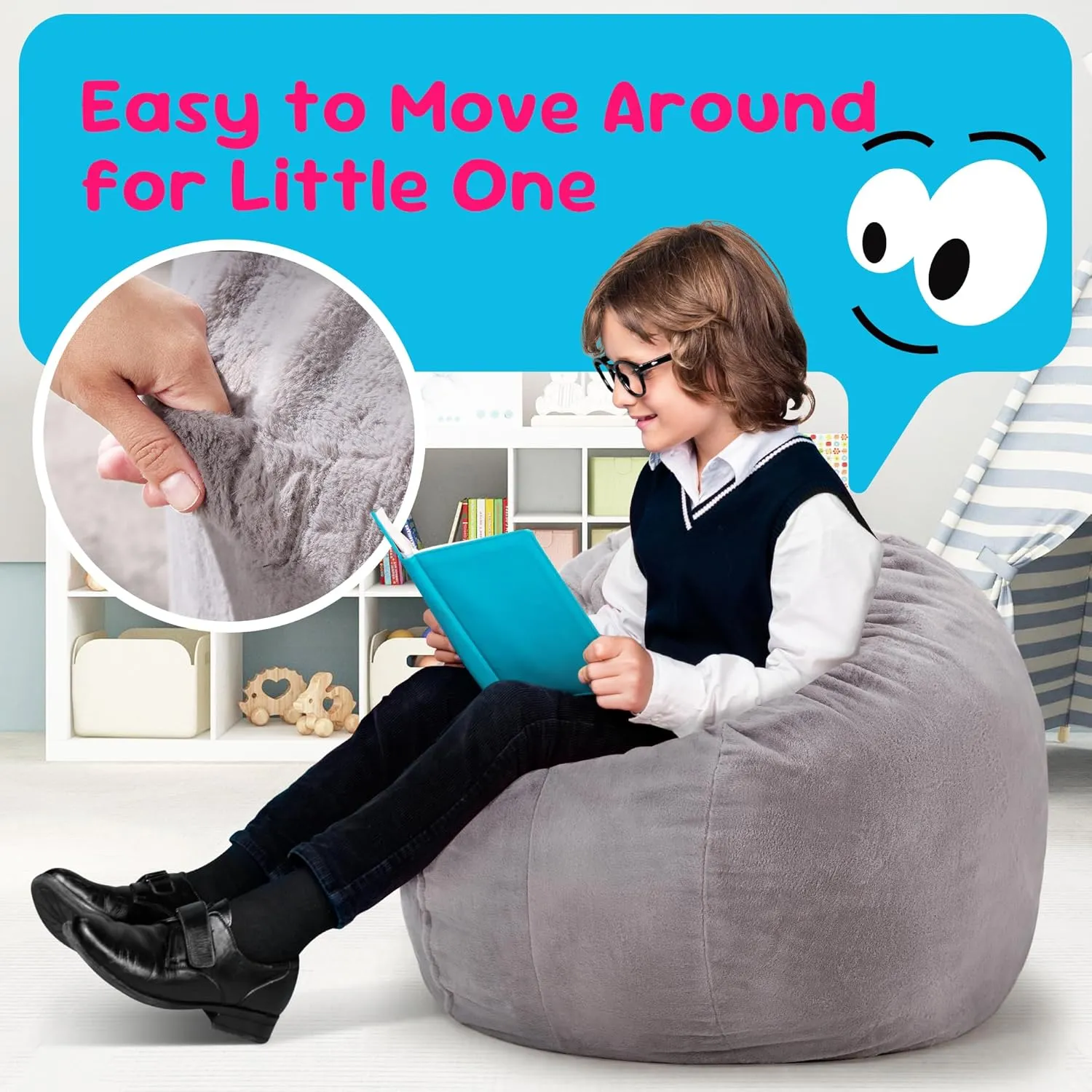 Hobestluk Bean Bag Chairs 2.5FT Bean Bag Chair with Memory Foam Filled & Plush Faux Fur Cover Small Bean Bag Chairs for Playroom, Living Room, Bedroom (Grey)